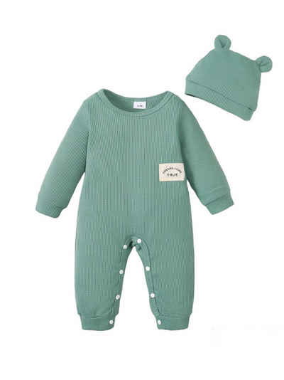 Lapastyle Strampler Unisex Baby Einfarbiger Strampler mit langen Ärmeln, mit Hut Waffelstoff, atmungsaktiv, Lässiger Alltagsanzug