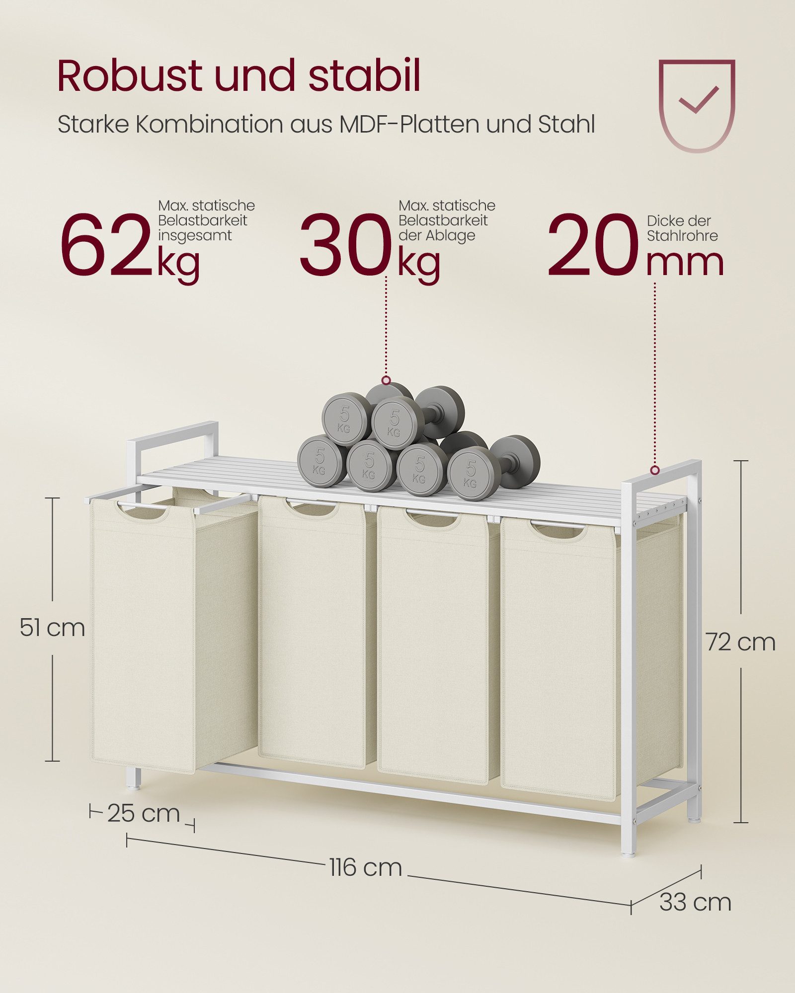 VASAGLE Wäschekorb Wäschesammler mit Ablage, Wäschesack aus Oxford-Gewebe abnehmbar, Wäschebox, Metallrahmen, 4 Fächer, 4 x 40 L, 116 x 33 x 72 cm – Bild 5 von 5