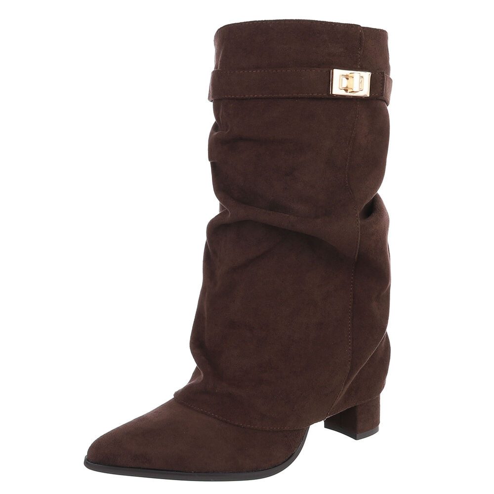 Ital-Design Damen Stiefelette mit Blockabsatz und Schaftumschlag High-Heel-Stiefel (92299595) Blockabsatz Stiefel in Braun