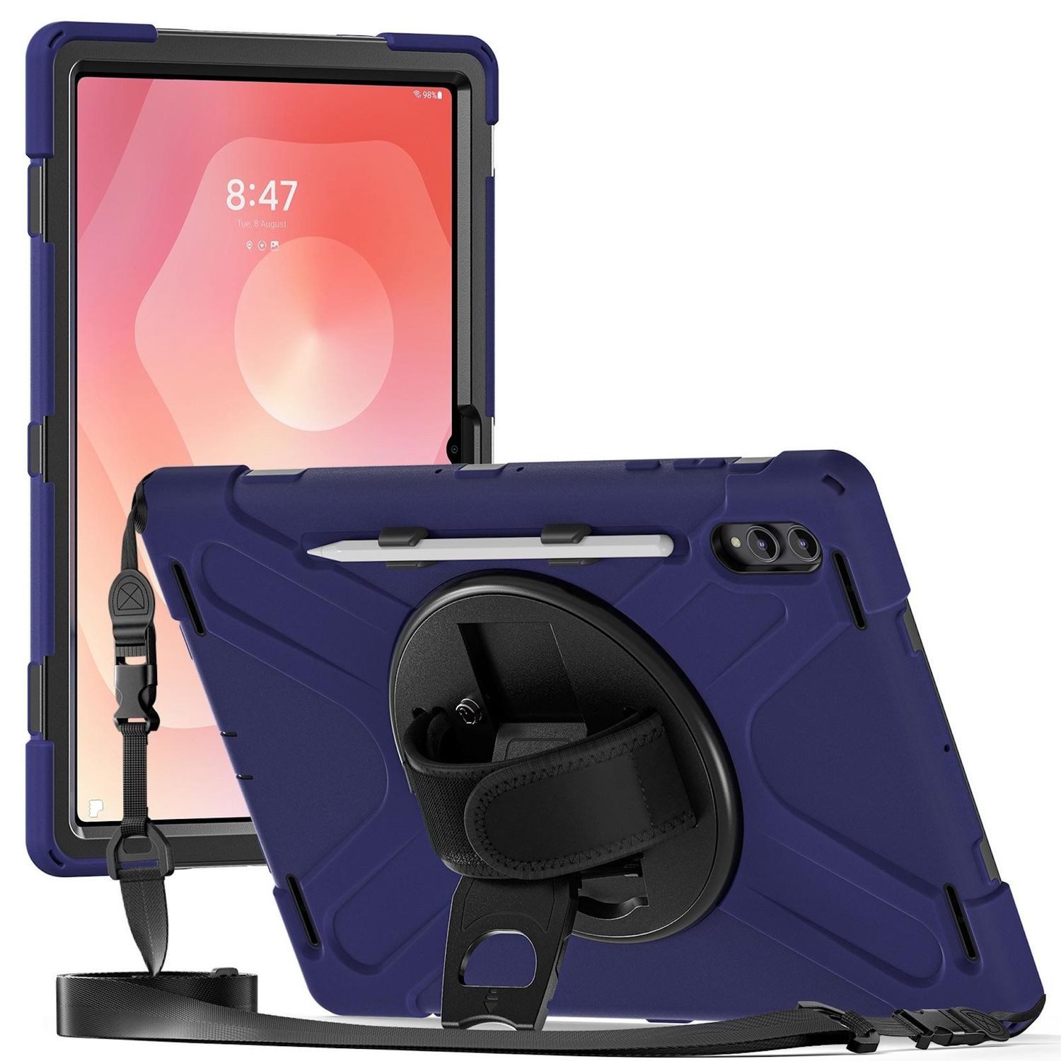 Wigento Tablet-Hülle Für Samsung Galaxy Tab S11 Ultra Hülle Halter & Schultergurt D- Blau, 360° drehbar, stoßfest, Schultergurt