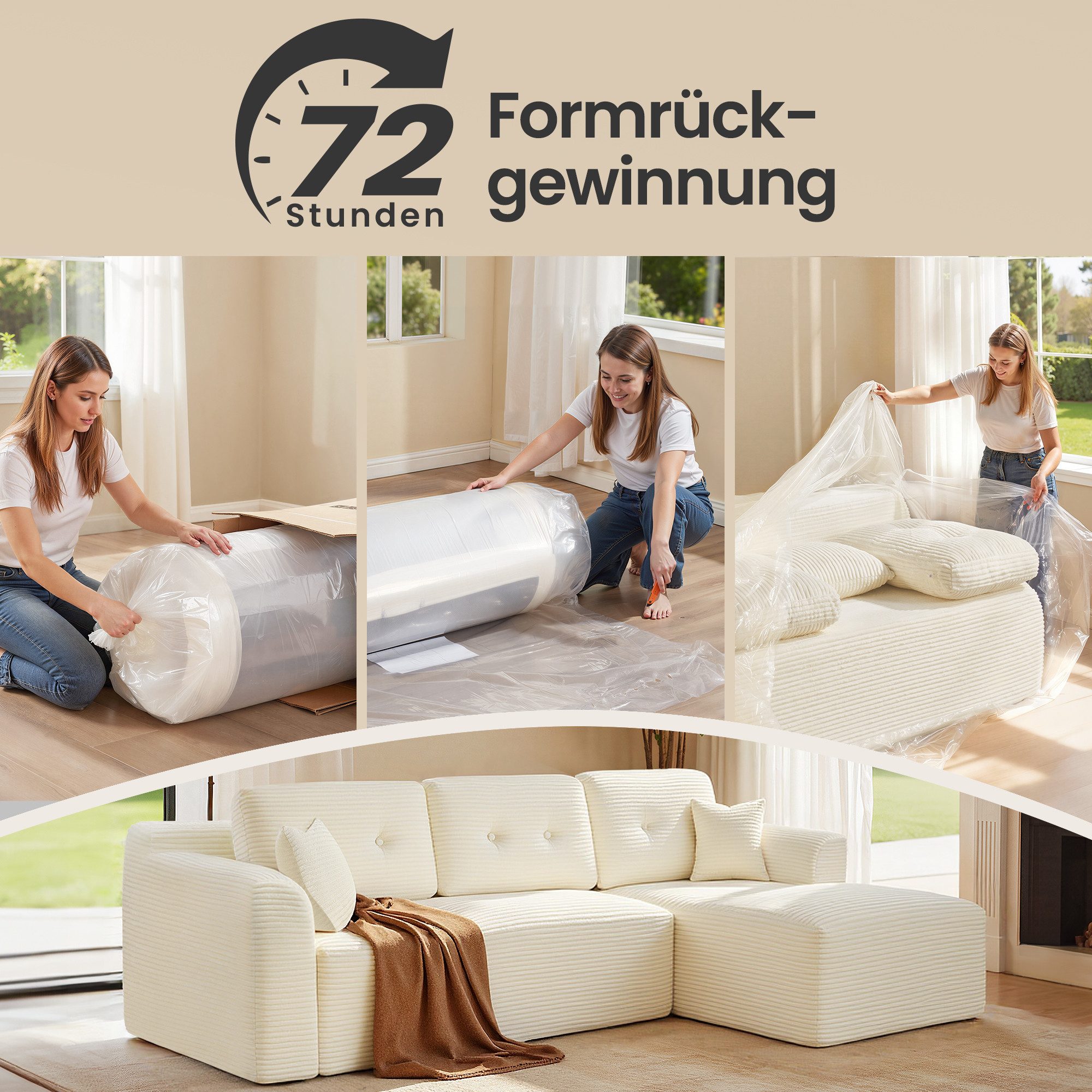 VASAGLE Ecksofa modulares Sofa 244 cm breit vakuumverpackt, Schlafsofa, keine Montage erforderlich, mit großer Chaiselongue