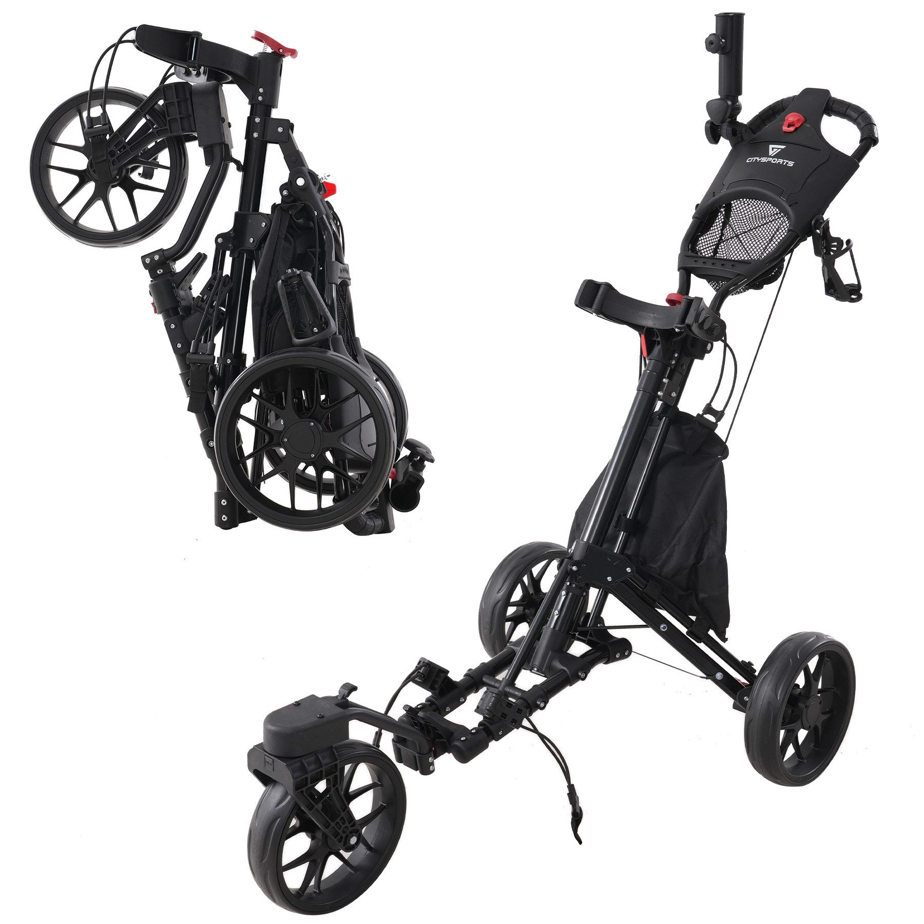 CITYSPORTS Golftrolley 3/4 Rad Golftrolley, Golfwagen klappbar, Golfcaddy mit Schirmhalter, Golfcaddy Golf Push Cart aus Aluminum, Erhältlich in Schwarz/Grün/Rot
