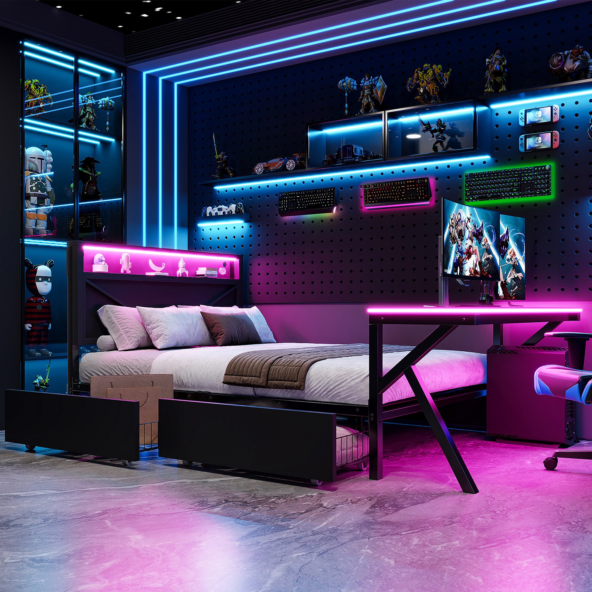 HAUSS SPOLE Youth Bed 140x200 with LED USB, Functional Bed with Desk and Storage