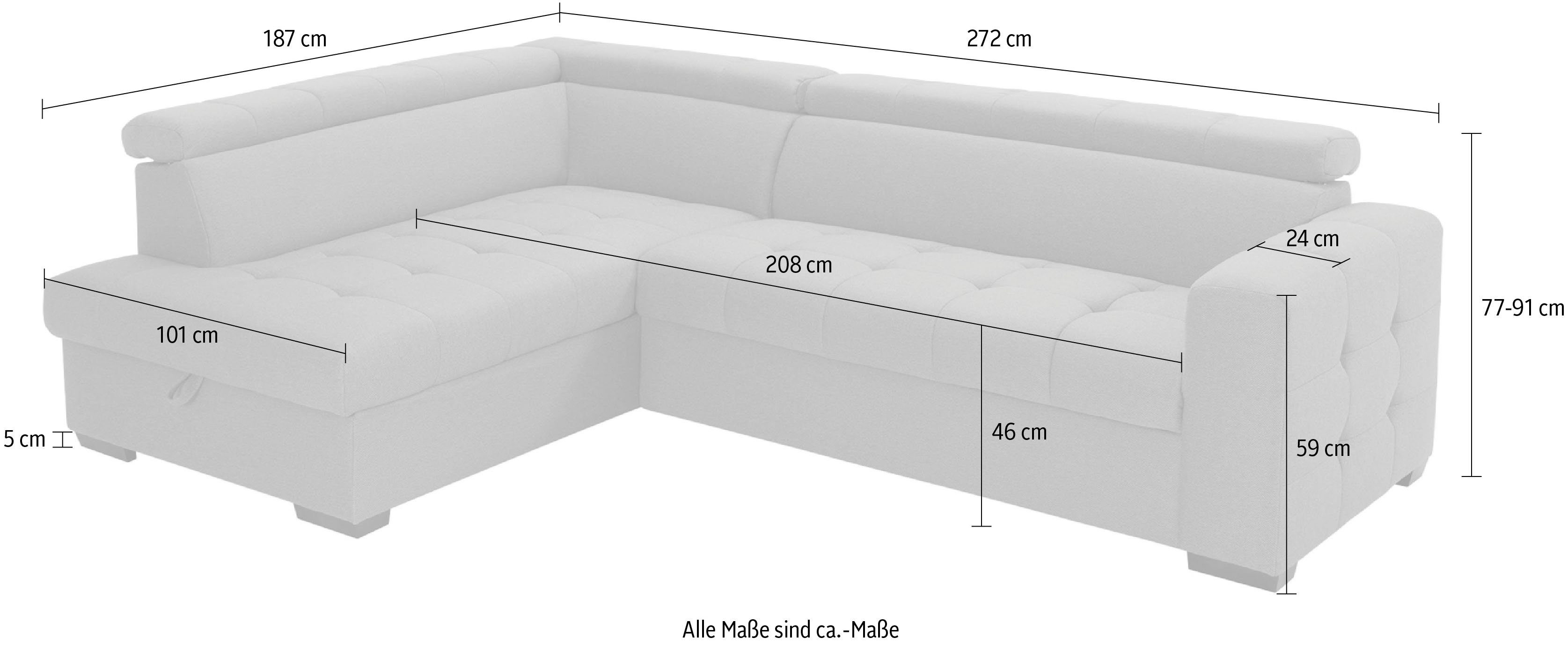 exxpo - sofa Bettkasten fashion Otusso, Bettfunktion Sitzbereich, und Ecksofa mit Steppung Wahlweise im