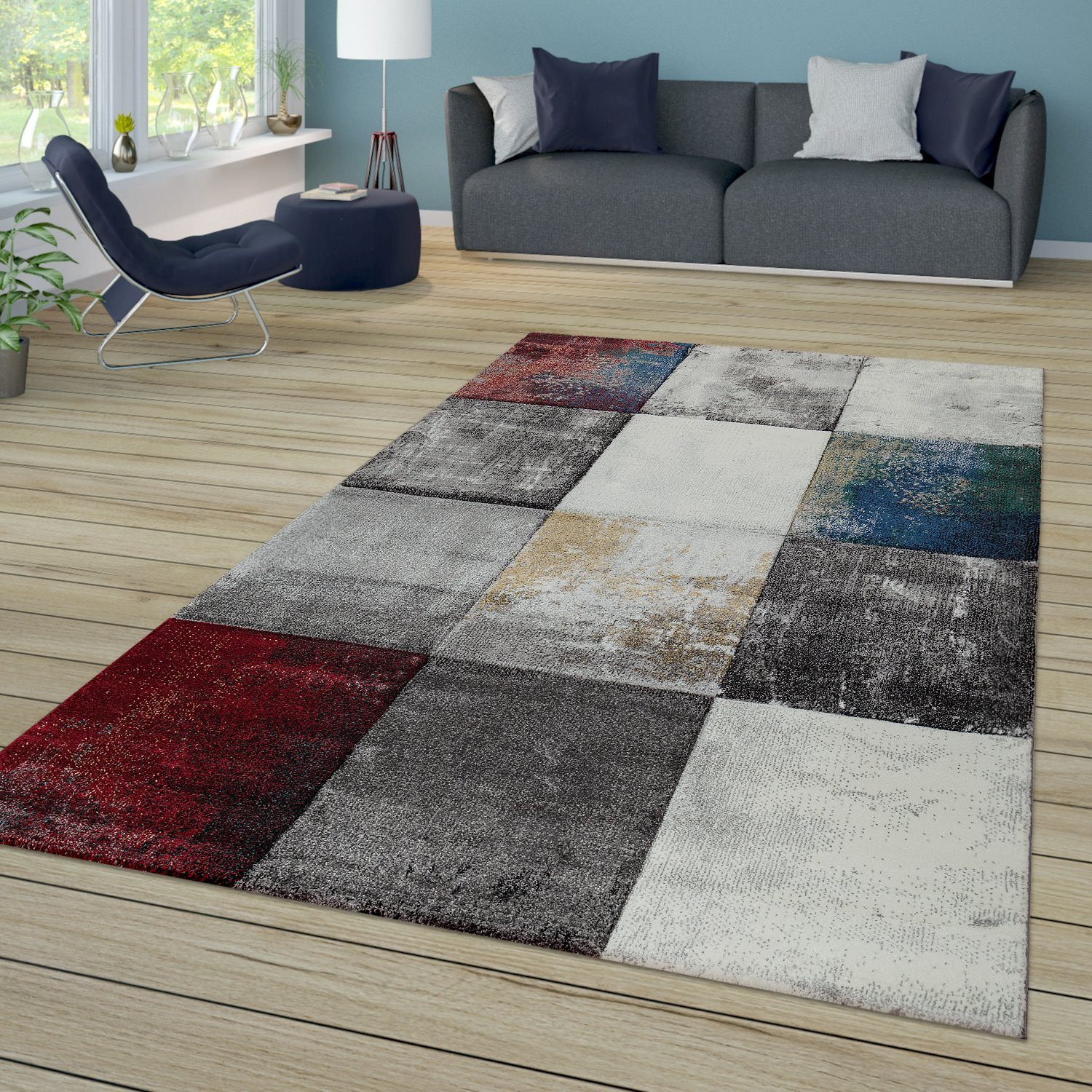 Teppich Kurzflor Teppich Grau Weiß Blau Rot, TT Home, rechteckig, Höhe: 16  mm