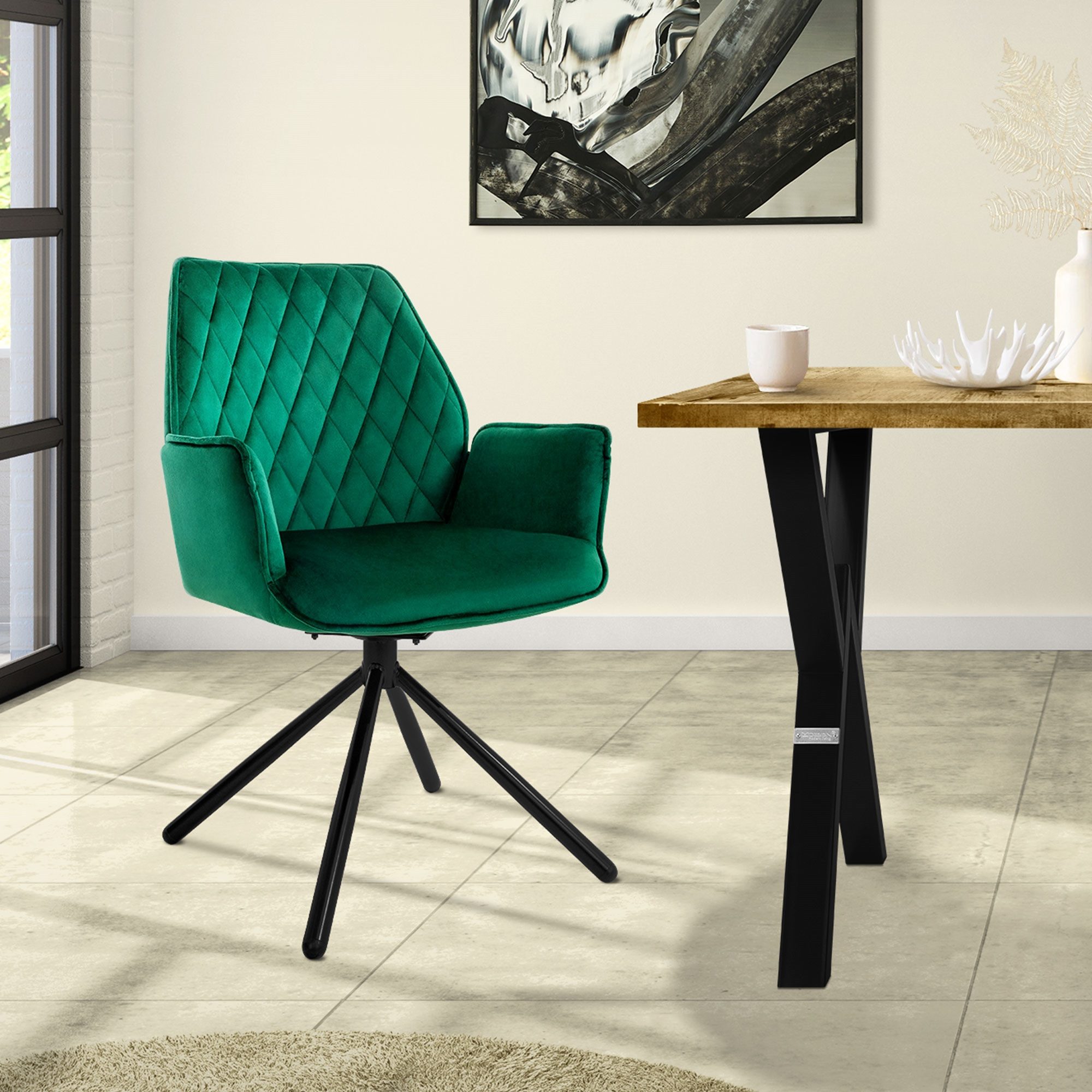 ML-DESIGN Stuhl Drehstuhl mit Armlehne & Rückenlehne Ergonomische mit Metallbeine (1 St), Armlehnstuhl Dunkelgrün aus Samt 180° Drehbar ergonomische Sessel