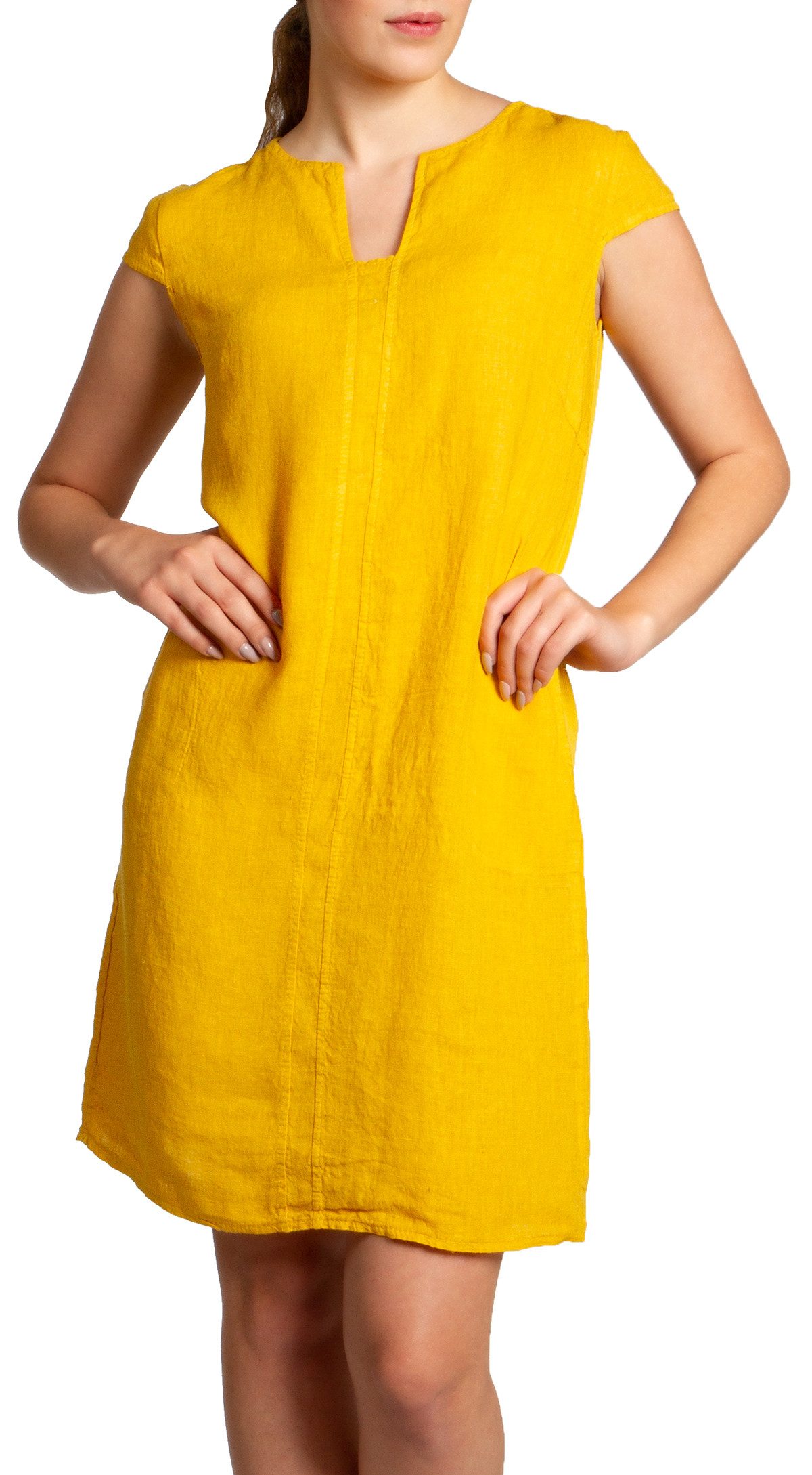 Caspar Sommerkleid Caspar SKL036 Damen Sommer Leinenkleid mit ausgefallenem Ausschnitt Luftig leicht, figurumspielende Form, mit seitlichem Jersey-Einsatz