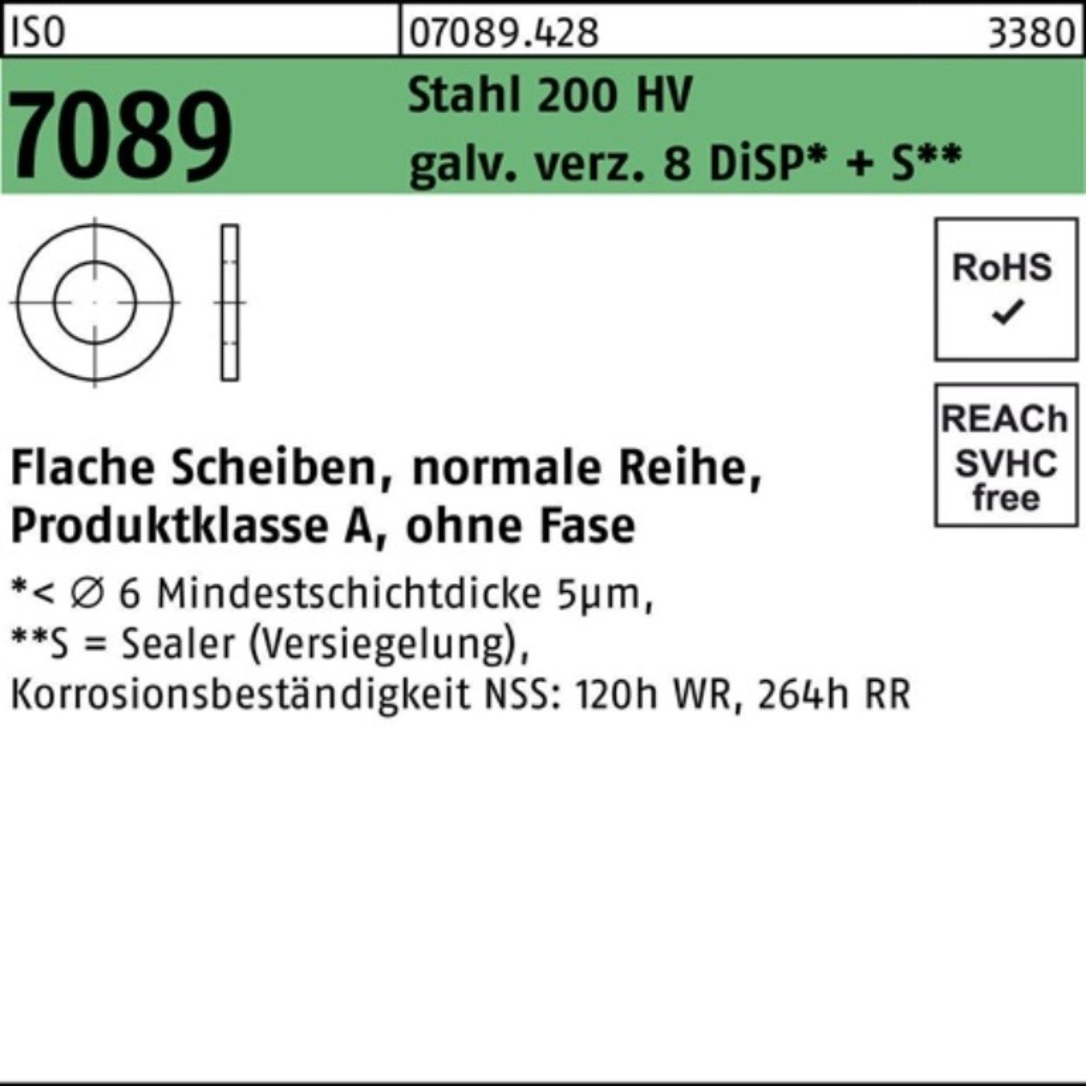 Bufab Unterlegscheibe 500er Pack Unterlegscheibe ISO 7089 o.Fase 12 Stahl 200 HV galv.verz.