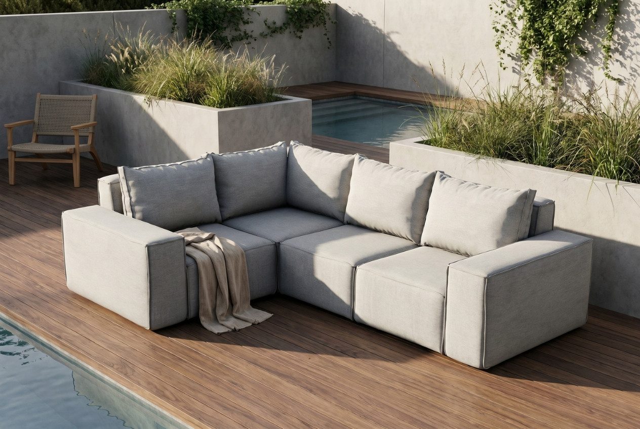 Friderik-EU Gartensofa Garten-Ecksofa 246x181 cm, wasserdichter Bezug, 5 Sitzplätze, moderne Jeans-Optik, einfache und schnelle Montage