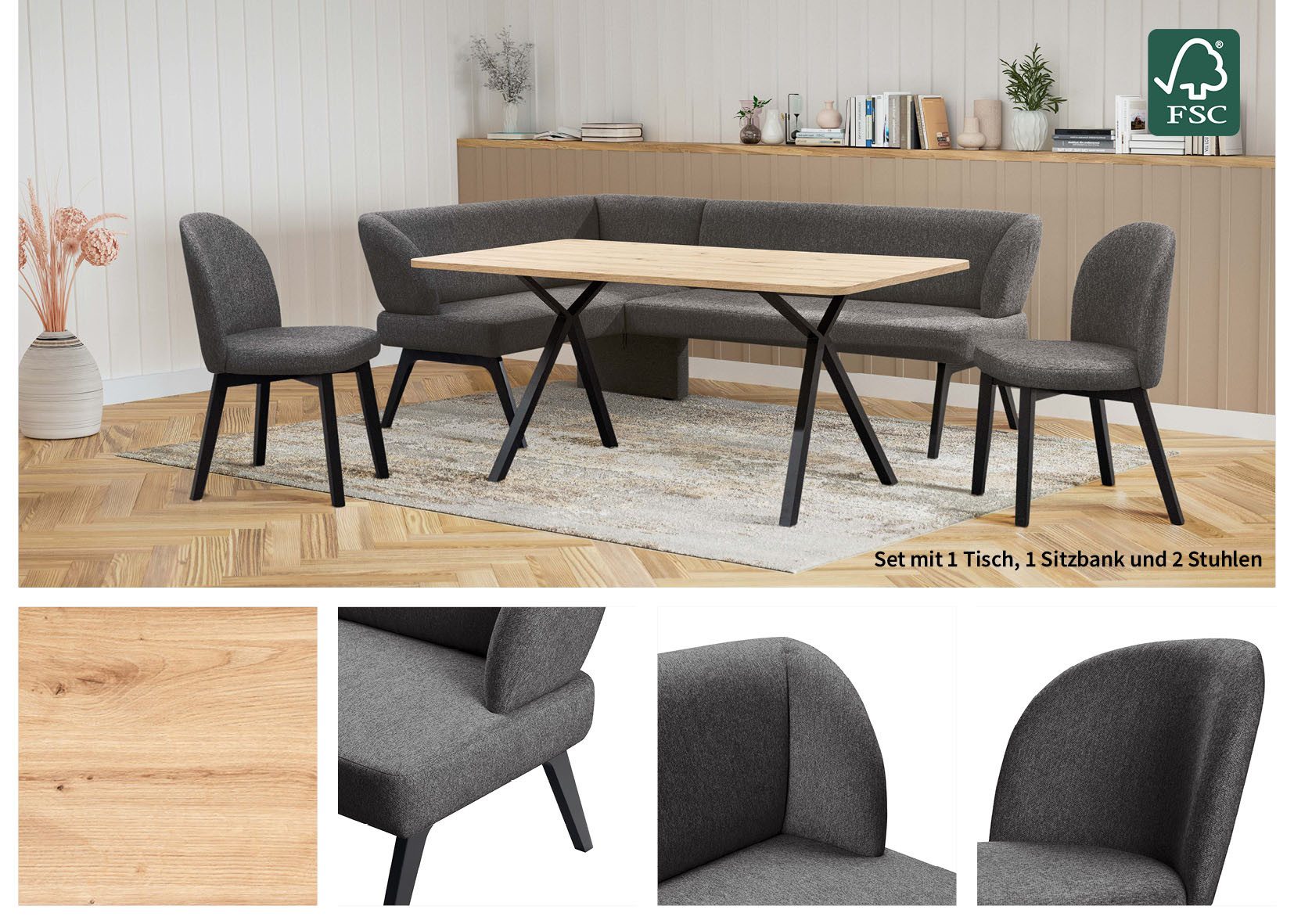 OTTO home Eckbankgruppe Aretha Essecke, Sitzgruppe, Eckbank, Küchenbank, (Set, 4-tlg., 4er), Esszimmer Sitzgruppe, Tisch, Stühle und Bank gepolstert, Nosagfederung