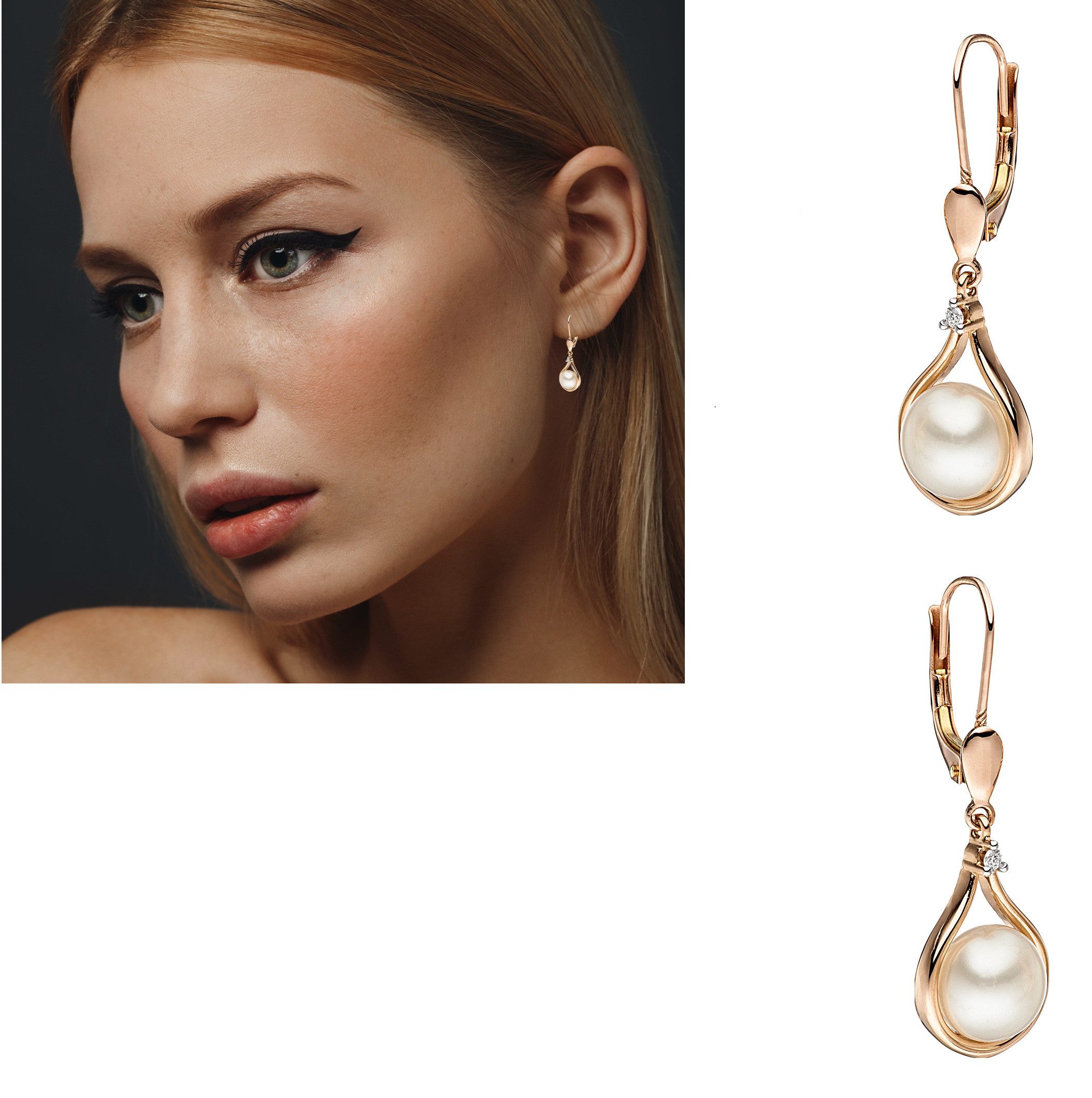 Erario D'Or Paar Ohrhänger Ohrringe 30,7mm 14Kt-Roségold Perlen Diamanten