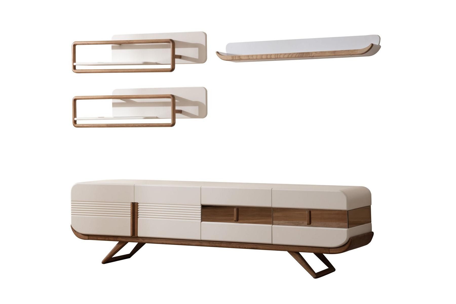 JVmoebel Wohnwand Weiße Designer Wohnwand mit Lowboard und 2 Regalen aus Holz, (4-St., 1x RTV Lowboard + 3x Regale), Made in Europa