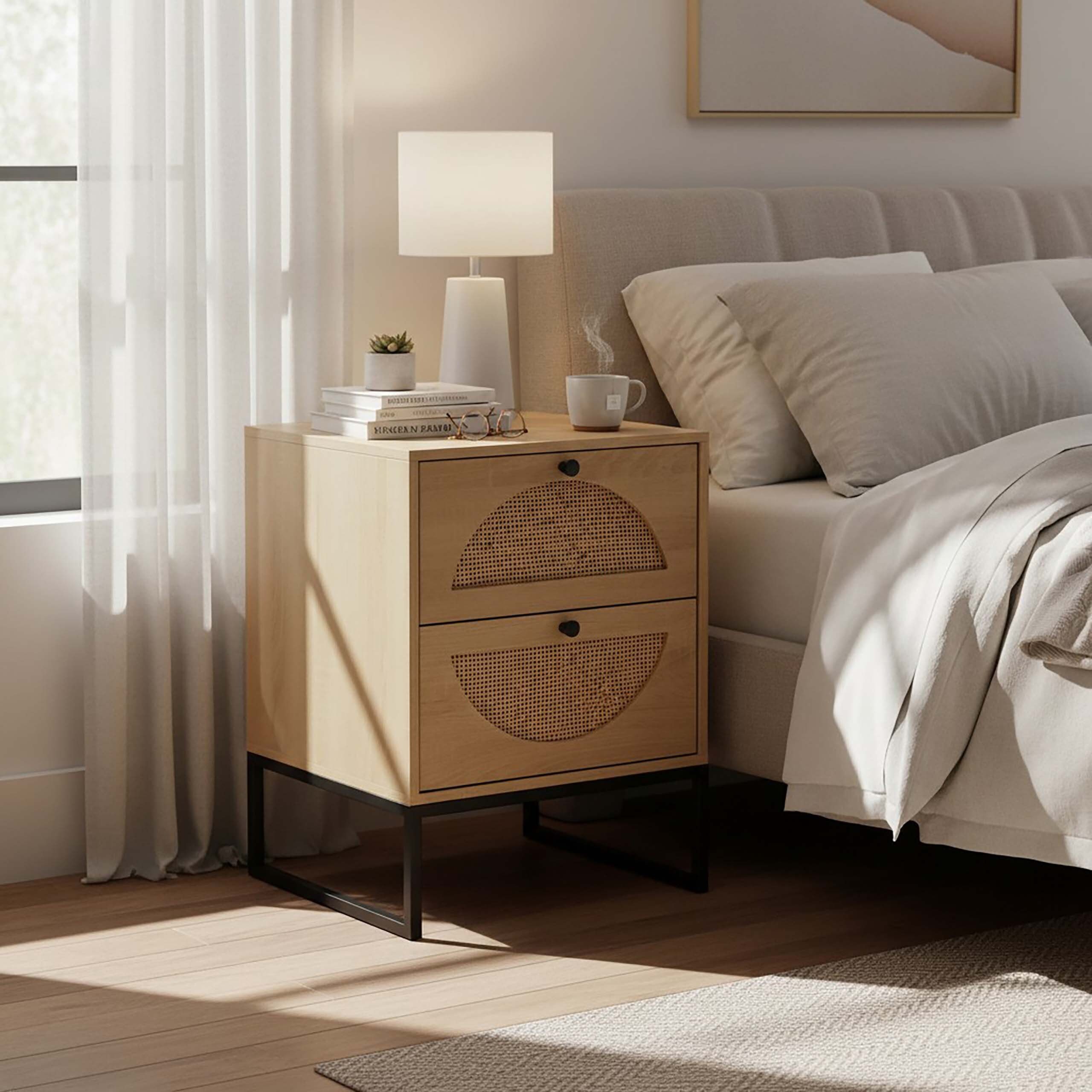 relaxdays Nachttisch mit Rattan Details