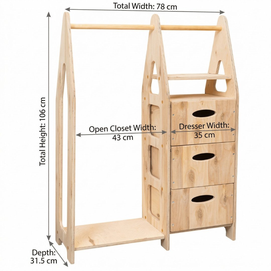 COZYCOLLECTIONS Kinderkleiderschrank Montessori Kleiderschrank 3-in-1, Naturholz, 78x106x31,5 cm (Kinder-Kleiderschrank / Montessori-Garderobe (3-in-1), 1-St., 3-in-1: Kleiderstange + 3 Schubladen + Regalfächer (kompakt) Montessori 3-in-1: Stange + 3 Schubladen + Regal auf Kinderhöhe
