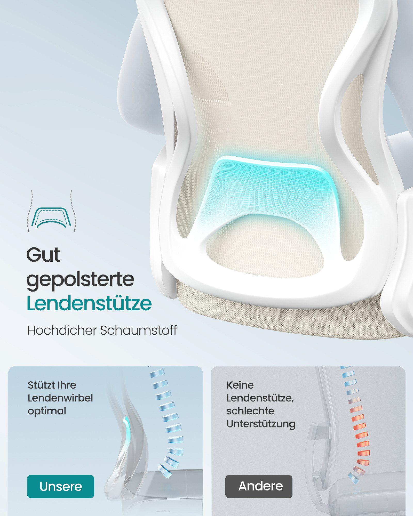 SONGMICS Bürostuhl ergonomisch, für Arbeitszimmer, Schlafzimmer, Drehstuhl mit Netzgewebe, Höhe der Armlehnen: 78 cm