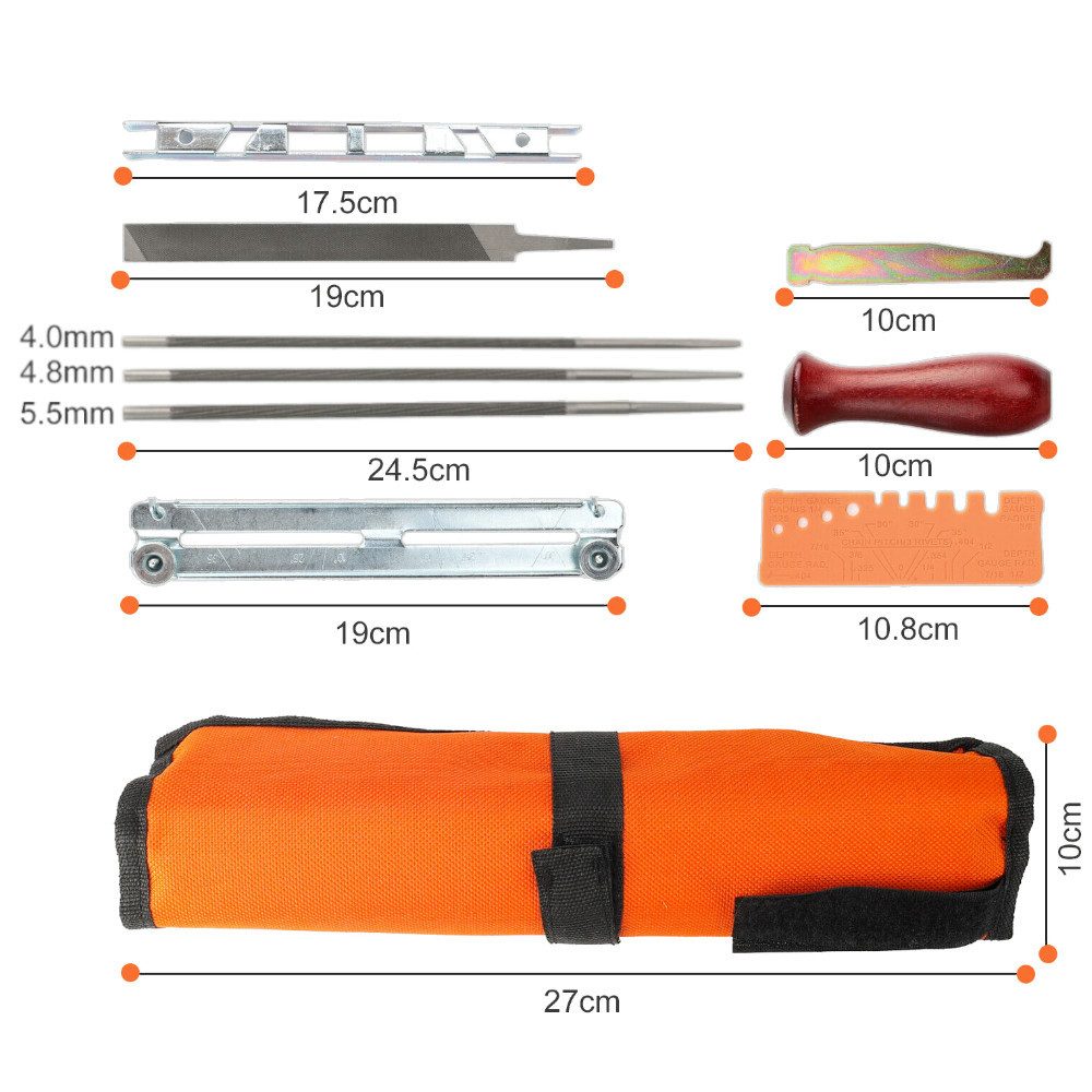 Trade-Shop Elektrowerkzeug-Set Kettensägen-Schärfset 10-teilig Universal Kit für Sägeketten, 10-tlg., bestehend aus Feilen, Rillenreiniger, Schnellprüfer, Tragetasche etc.