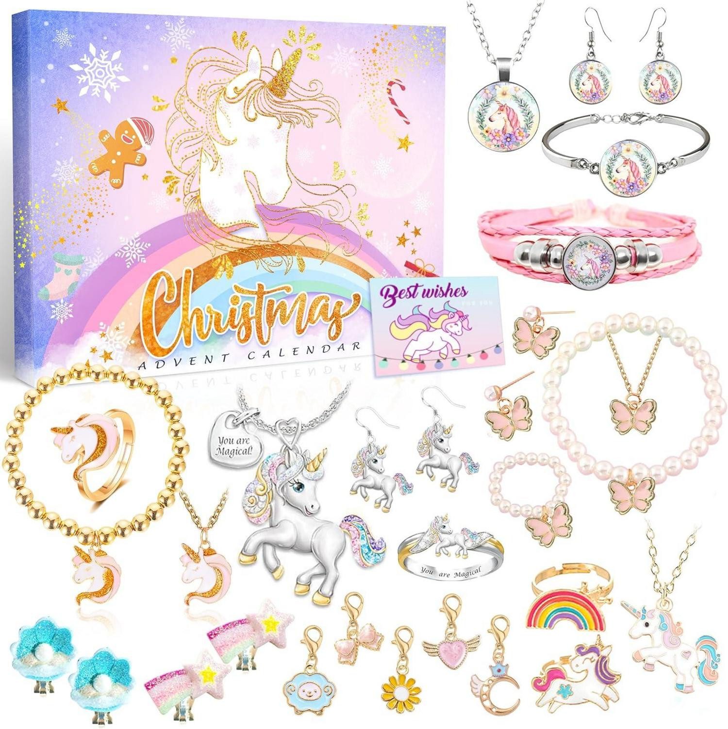 Schmuck-Adventskalender Adventskalender Mädchen 2024 Einhorn Schmuck Kinder Weihnachtskalender