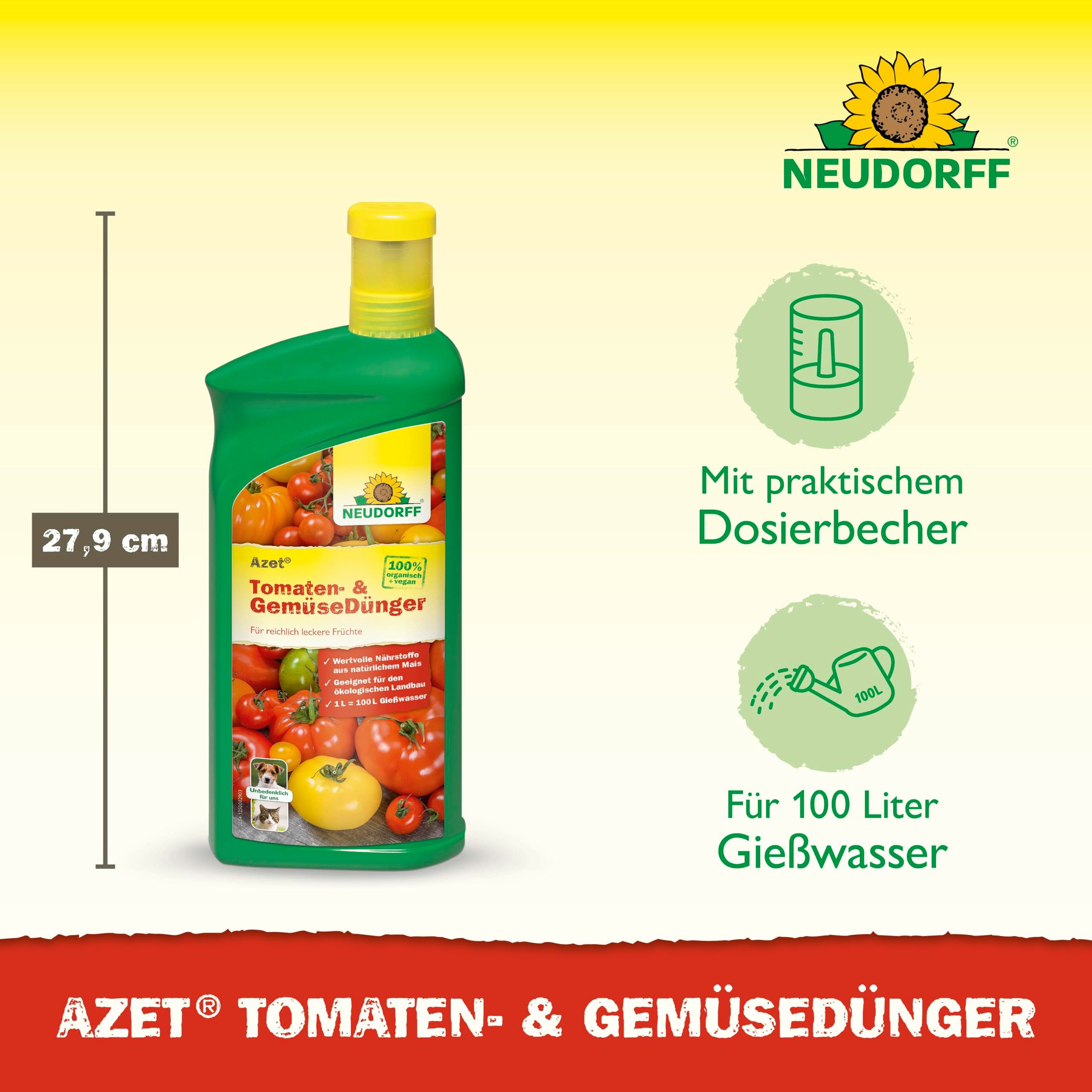 Neudorff Gemüsedünger Azet Tomaten- und GemüseDünger 1 Liter, Vor Gebrauch gut schütteln und nur mit Wasser verdünnt anwenden., Spezialdünger mit praktischem Dosierbecher, Gurken Dünger 100 % organisch und vegan