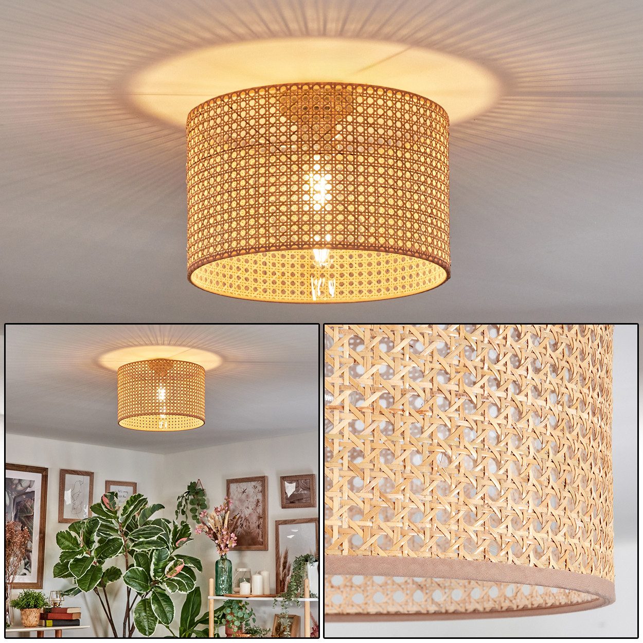 hofstein Deckenleuchte Deckenlampe aus Metall/Wienergeflecht/Stoff, Schwarz/Naturfarben/Braun, Deckenleuchte im modernen Design (35 cm), E27