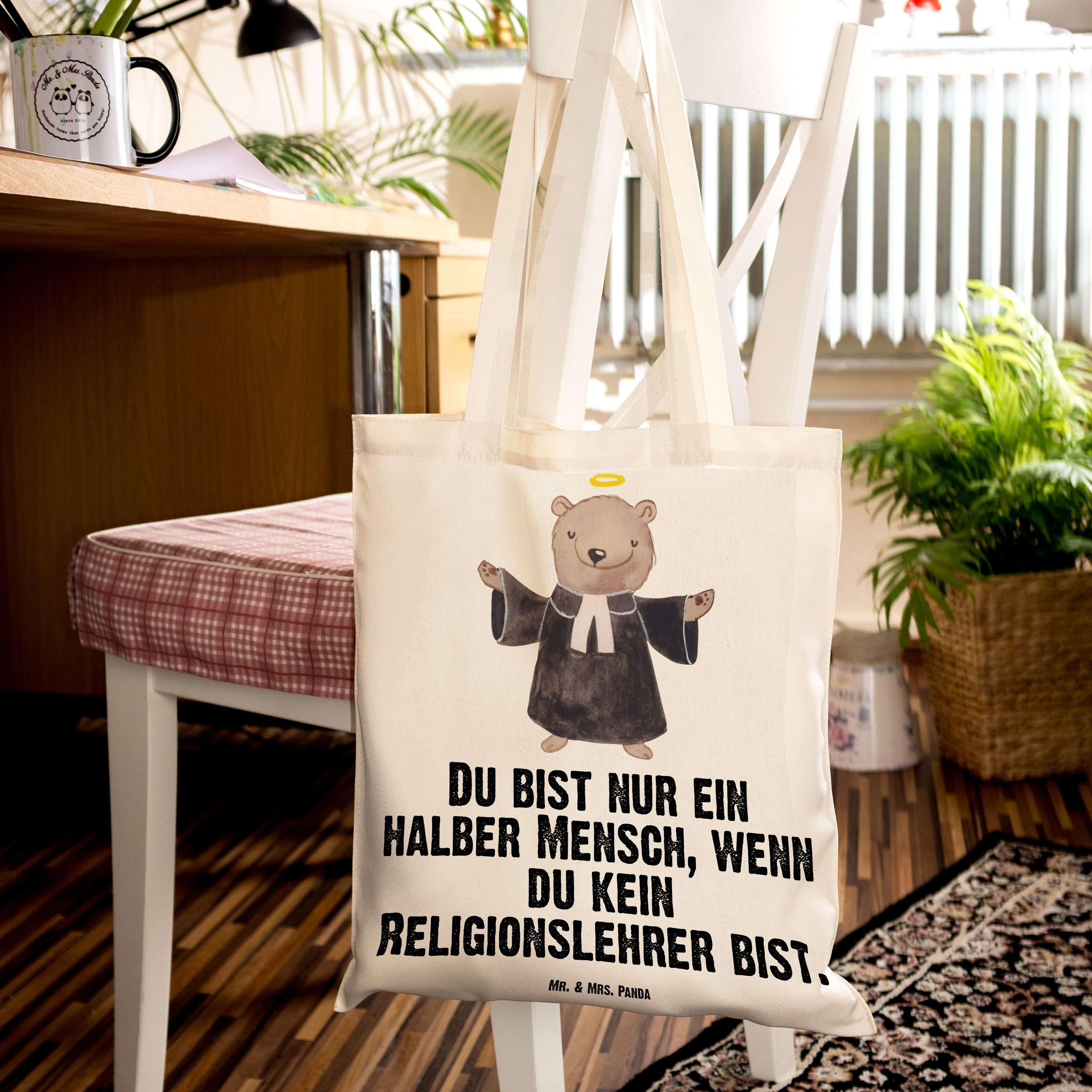 Geschenk, & Mrs. Religionslehrer Tragetasche Panda Mr. Stoffbeutel, mit - Grund Herz (1-tlg) - Transparent