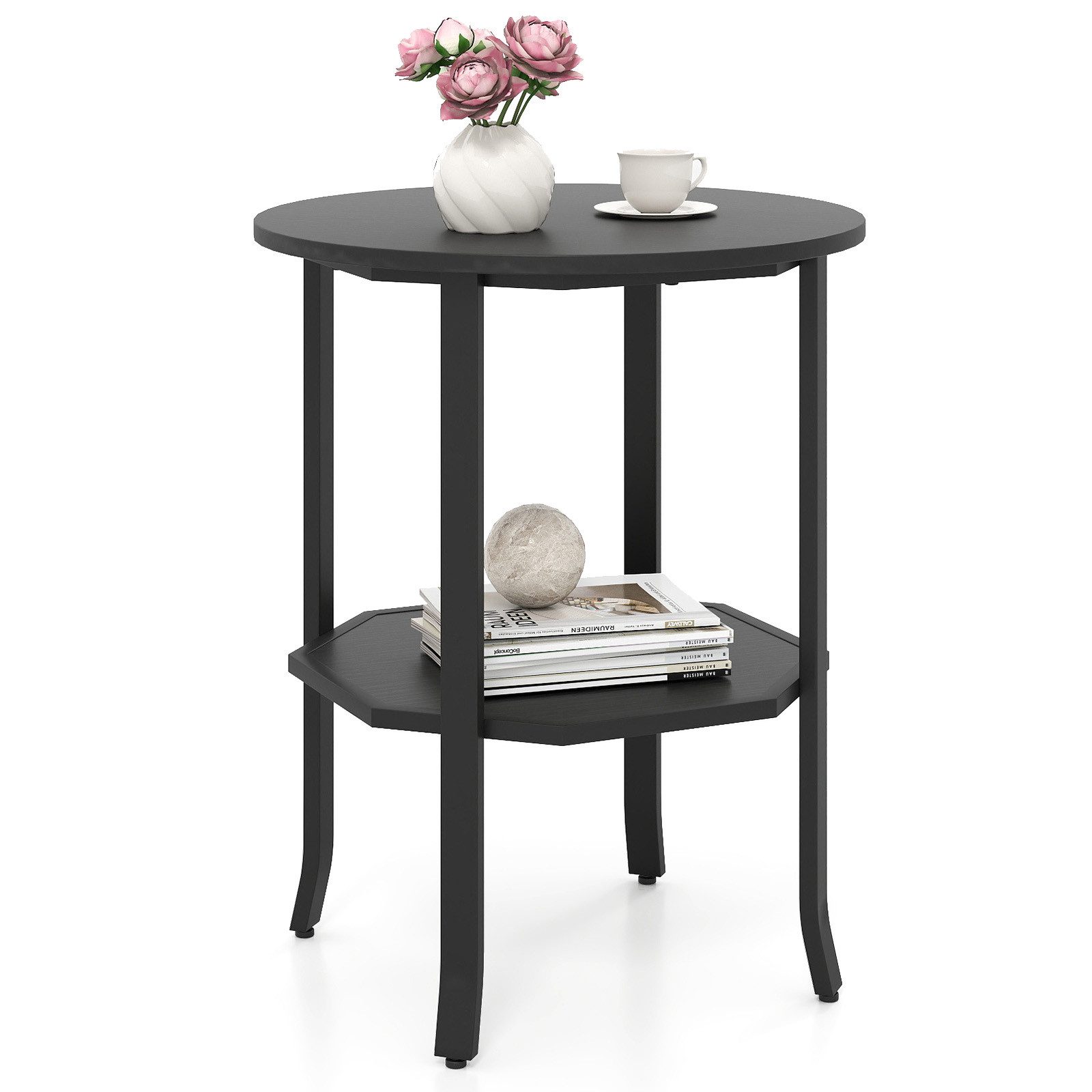 COSTWAY Beistelltisch, Rund, Nachttisch mit 2 Ablagen & Stahlgestell, 50x50x61cm