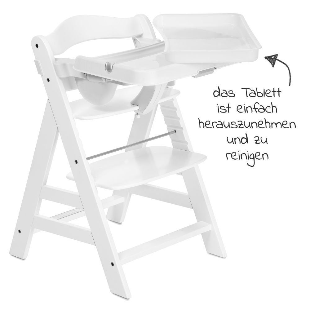 Alpha Sitzkissen Hauck Weiß, Holz Plus mit Kinderhochstuhl mitwachsend Hochstuhl Essbrett, verstellbar,