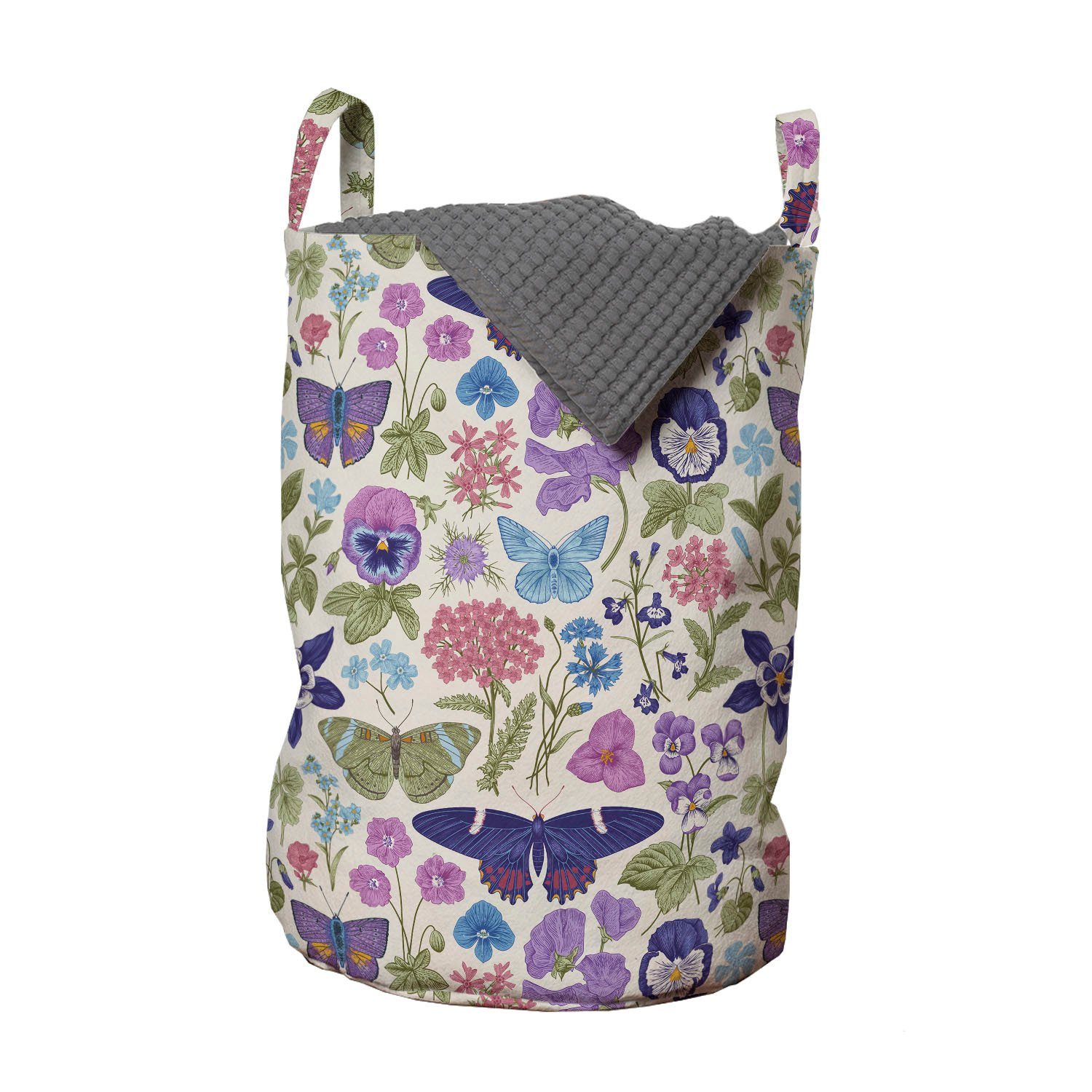 Abakuhaus Wäschesäckchen Wäschekorb mit Griffen Kordelzugverschluss für Waschsalons, Blumen Schmetterlings-Stiefmütterchen Blumen-Blatt