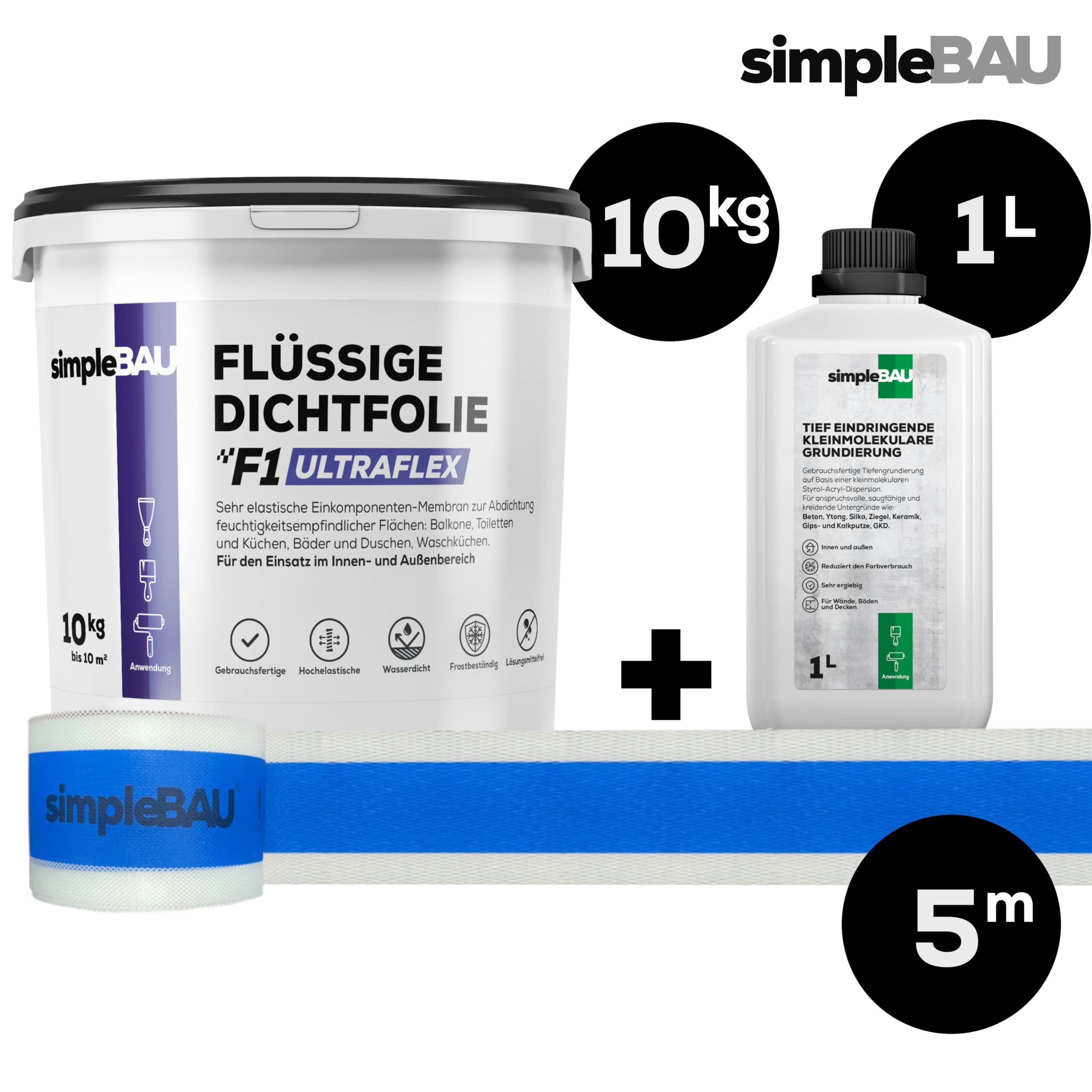 simpleBAU Dichtstoff Flüssigfolie F1 Ultraflex 10 kg + Tiefengrund 1L und Dichtband 5M