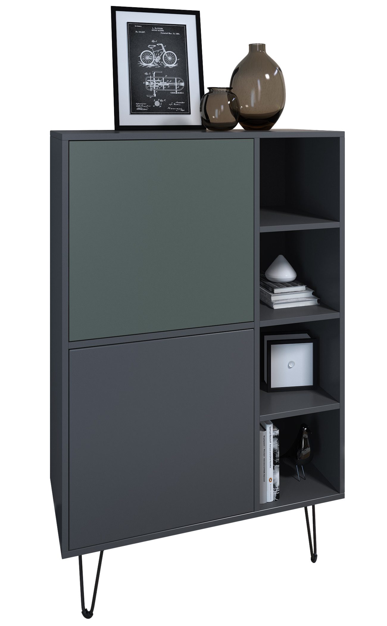 Vladon Sideboard Havana V1 (Schrank mit 2 Türen und 4 offene Fächer, Kommode Made in Germany), Anthrazit matt / Anthrazit matt (124 x 79 x 35 cm)