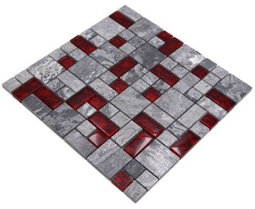 Mosani Mosaikfliesen Glasmosaik Naturstein Mosaik grau mit rot glänzend / 10 Matten, Set, 10-teilig, Küchenwand, Fliesenspiegel