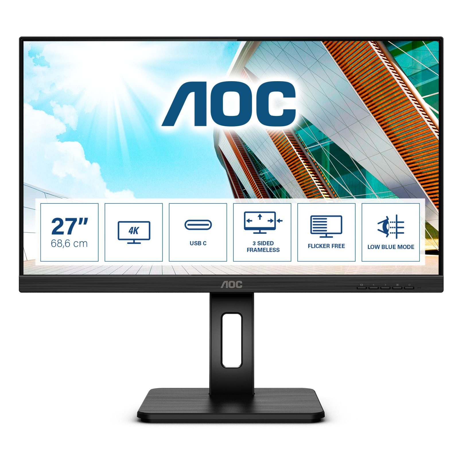 AOC AOC U27P2CA 68,58cm 27Zoll IPS UHD 60Hz 350 cd/m2 4ms HDMIx2 DP USB TFT-Monitor (3840 x 2160 px, 4K Ultra HD, 4 ms Reaktionszeit, 60 Hz, IPS, Eingebautes Mikrofon, Lautsprecher, Kopfhörerbuchse, Höhenverstellbar)