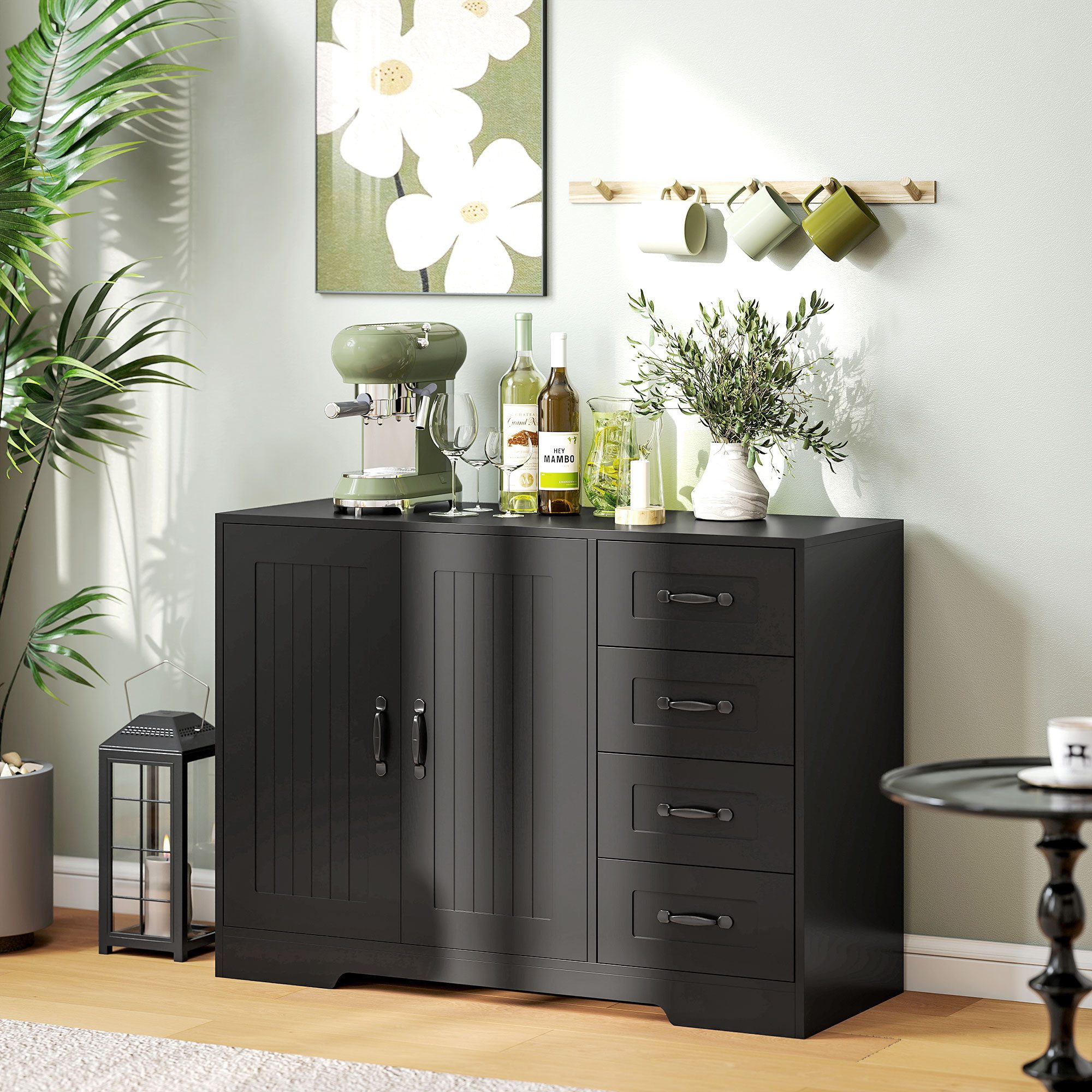 HOMCOM Sideboard Beistellschrank mit 4 Schubladen, 2 Türen, Küchenschrank (Aufbewahrungsschrank, 1 St., Küchenschrank), für Wohnzimmer, 105 x 40 x 76 cm, Schwarz