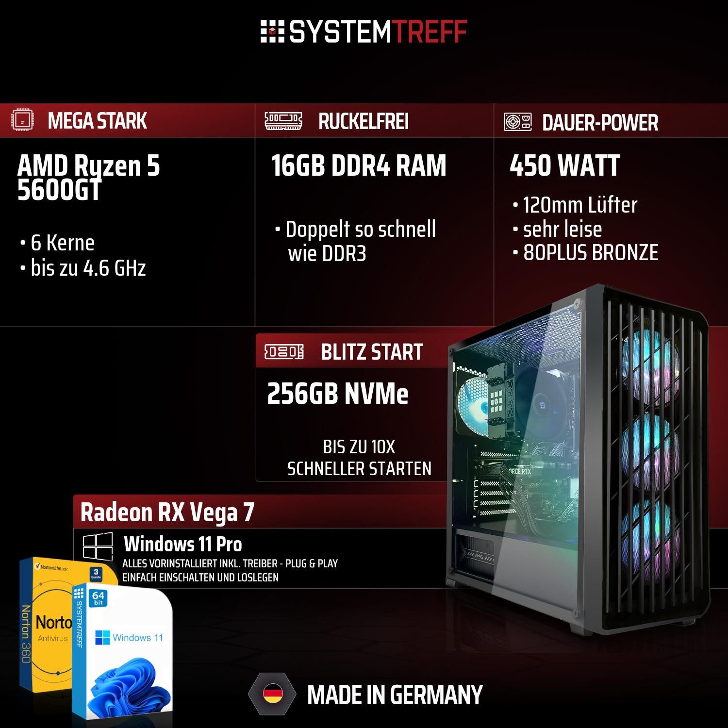 SYSTEMTREFF Basic Gaming-PC-Komplettsystem (24", AMD 5600GT 5600GT, RX Vega 7, 16 GB RAM, 256 GB SSD)