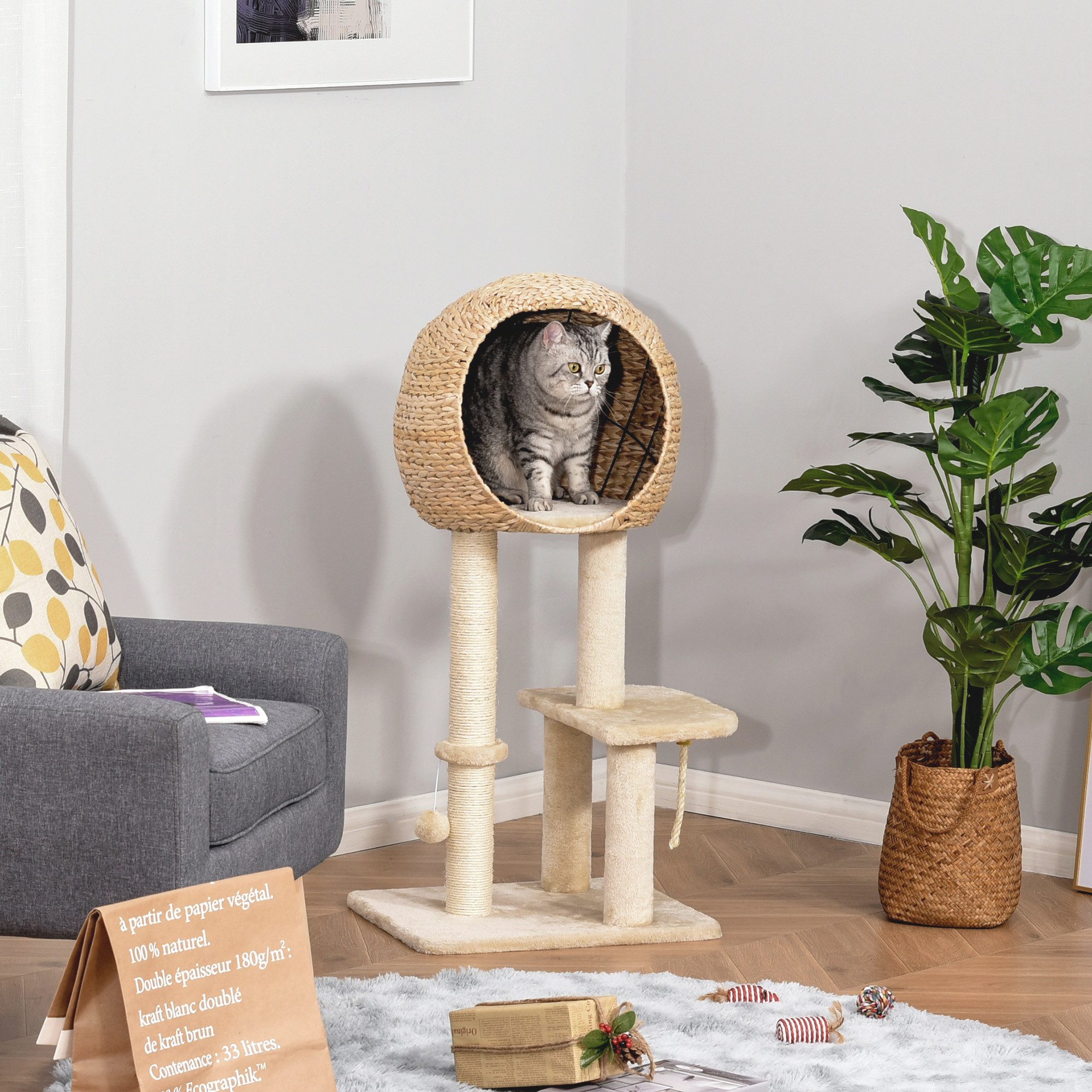 PawHut Kratzbaum Katzenturm mit Höhle, Kletterbaum für mittelgroße Katzen, Sisal weiche Plüsch Höhe 100 cm Beige
