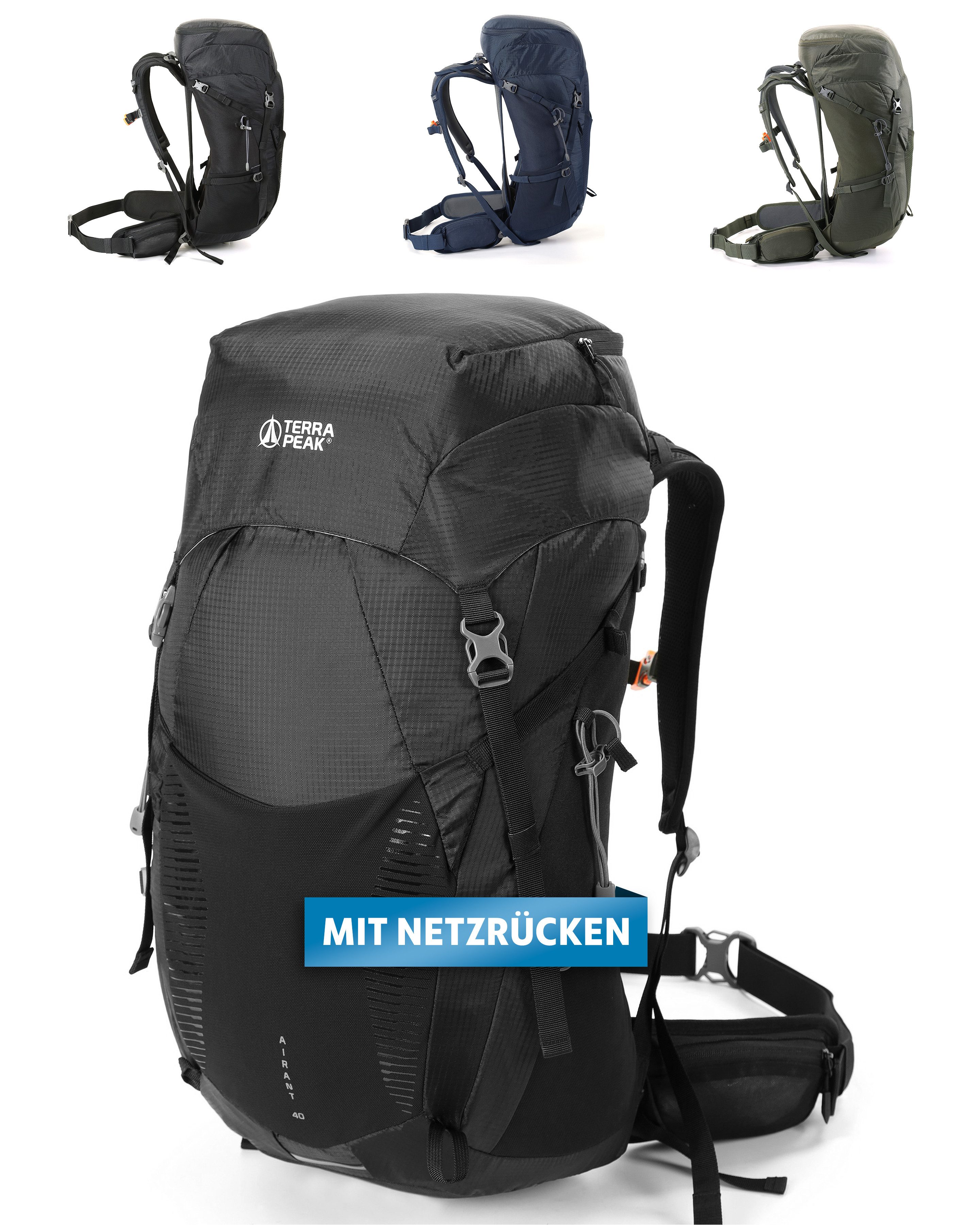 Terra Peak Wanderrucksack Airant 40, Rucksack mit belüftetem Netzrücken groß, 40 Liter