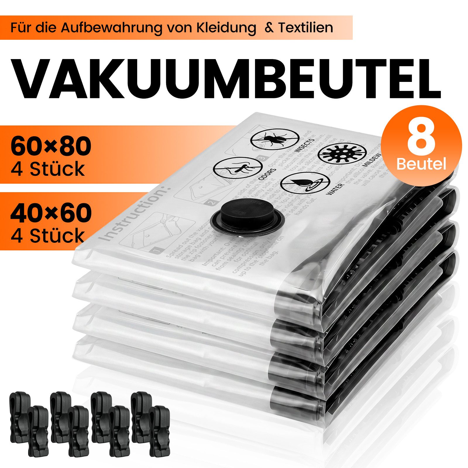 Bundviel Kofferorganizer Vakuumbeutel für Kleidung mit kabelloser Vakuumpumpe 13 Stück (Set, 8-tlg), 4 Größen ideal für Kleidung, Handgepäck und ordentliches Packen