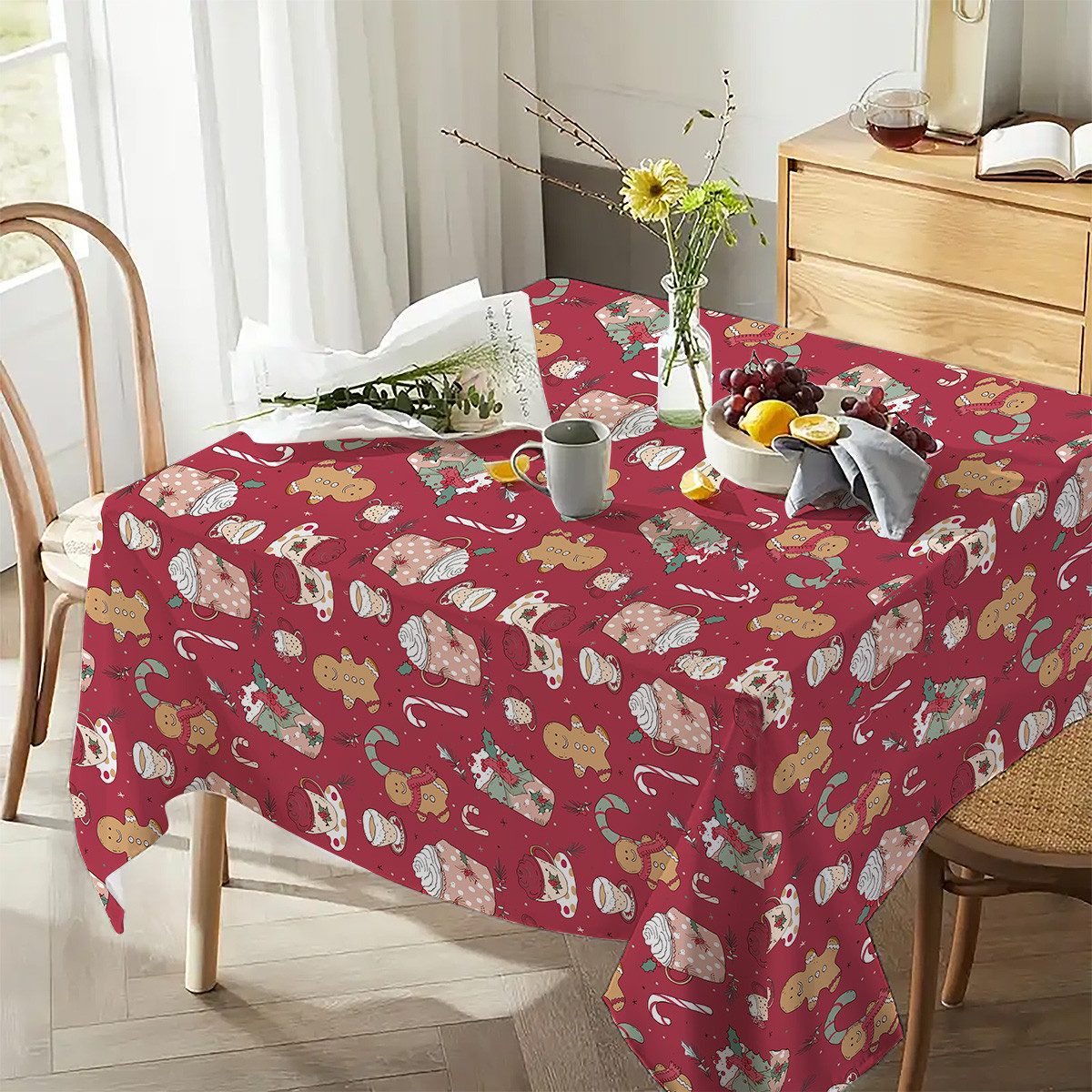 LAPAPRO Tischdecke Weihnachten Tischdecke Farbfest mit Zuckerkeks-Mann Druck (5-tlg), 36" x 59" Aquarelldruck,Geeignet für Festliche Tischdecken