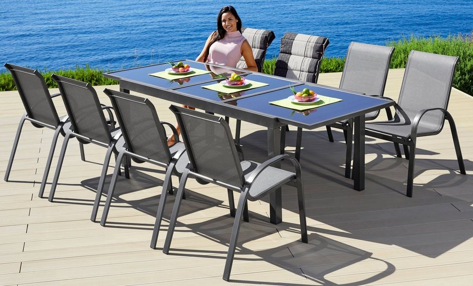 MERXX Garten-Essgruppe Amalfi, Sessel sind platzsparend stapelbar mit  Sitzfläche aus 2 x 1 Textilgewebe
