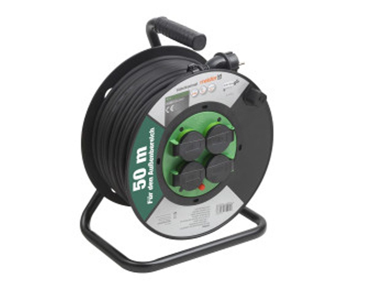 Meister Werkzeuge Kabeltrommel H05RR-F 3G1,5mm² 50m mit 4 Steckdosen Klappdeckel IP44 Kabeltrommel 4-fach (Feststellbremse, Handurbel, Thermoschalter - Überhitzung, Kabellänge 50 m), Hochwertige Gummischlauchleitung