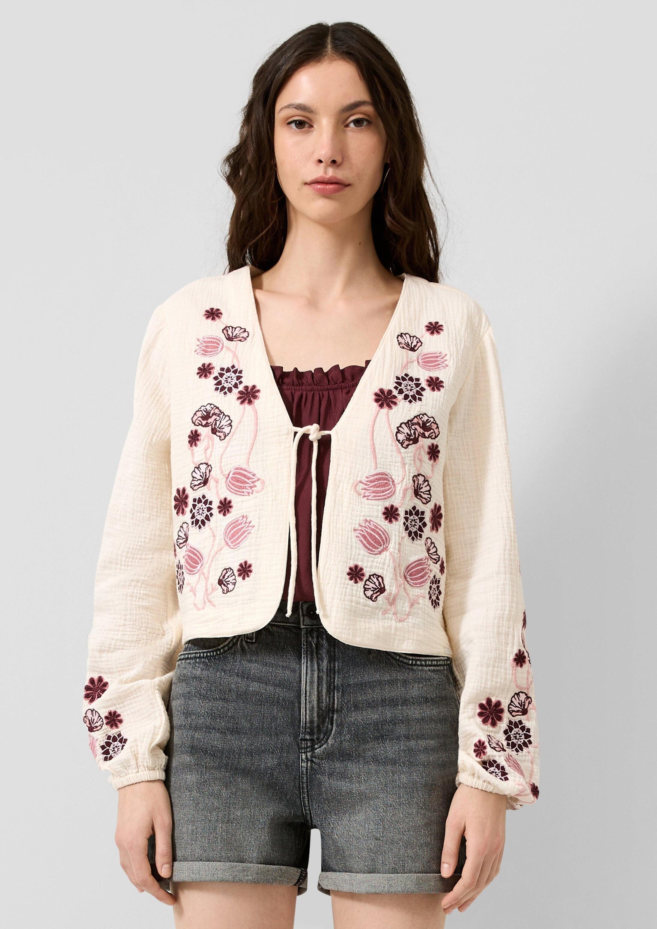 QS Cardigan Bluse Bestickte Blusenjacke aus Musselin