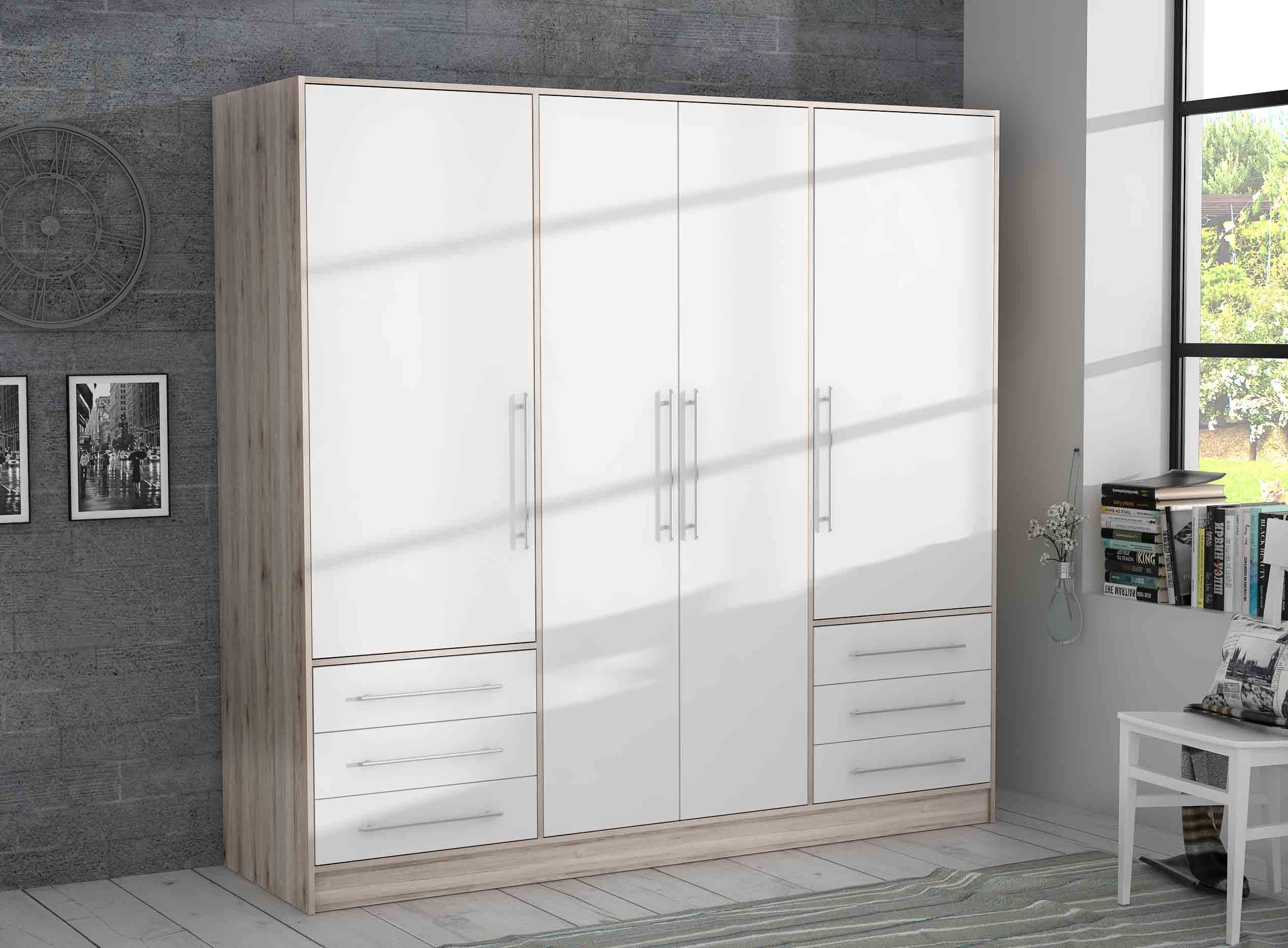 Drehtürenschrank 4 Türen, 6 Schübe, Sandeiche Dekor / Weiss - 206,5x200x60cm (BxHxT)