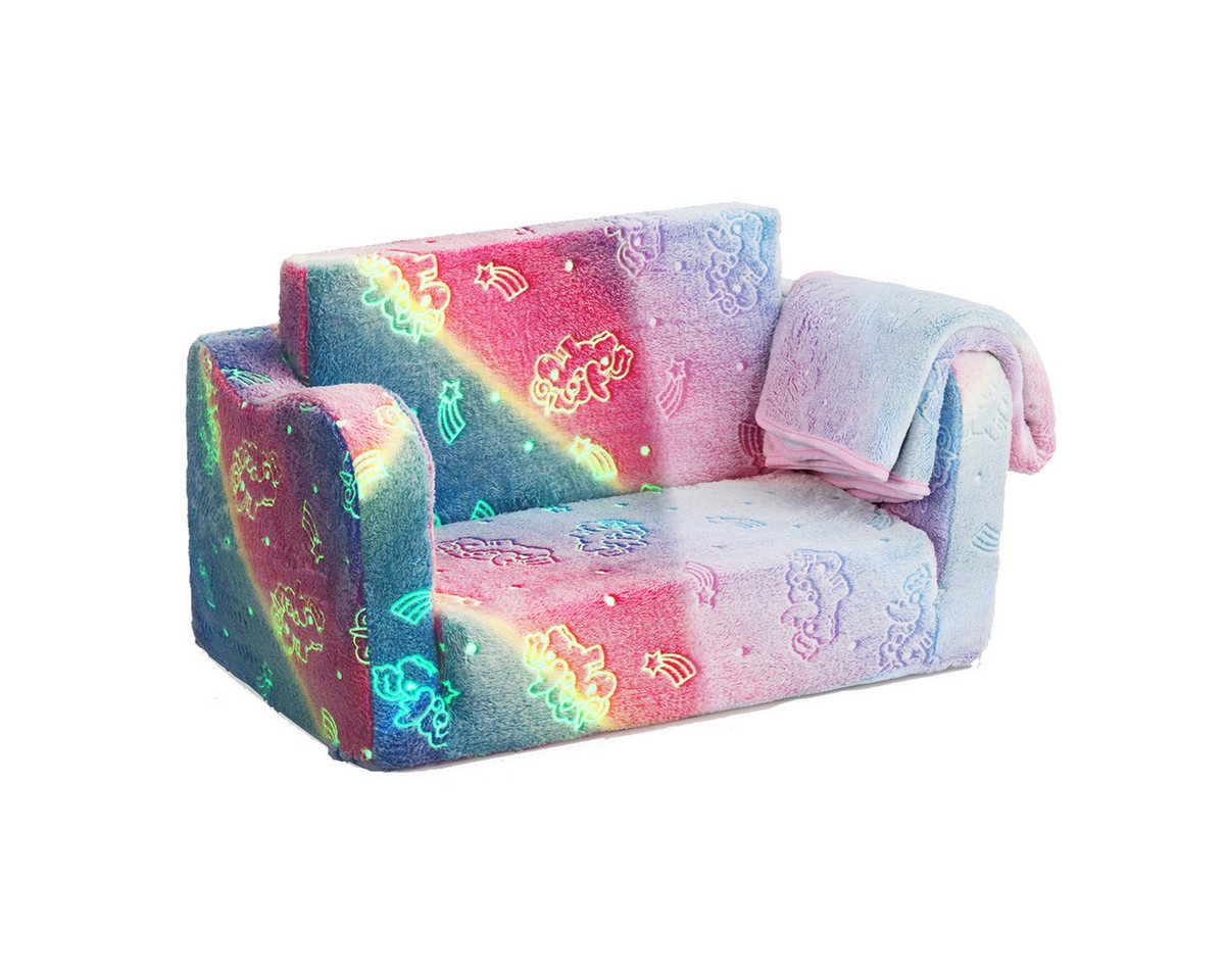 COSTWAY Kindersessel, 2 in 1 Klappsofa im Dunkeln Leuchtend, mit Decke, gepolstert