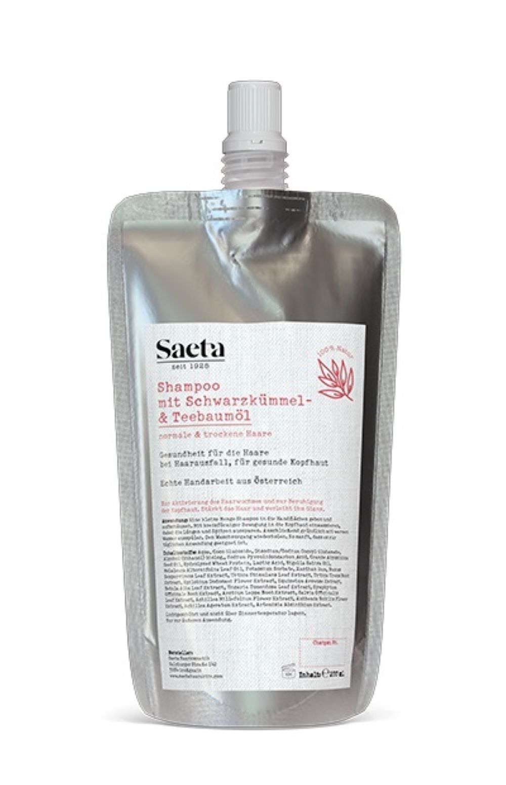 Saeta Haarkosmetik Haarshampoo Schwarzkümmel & Teebaum für normale und trockene Haare Nachfüllbeutel, Shampoo gegen Haarausfall