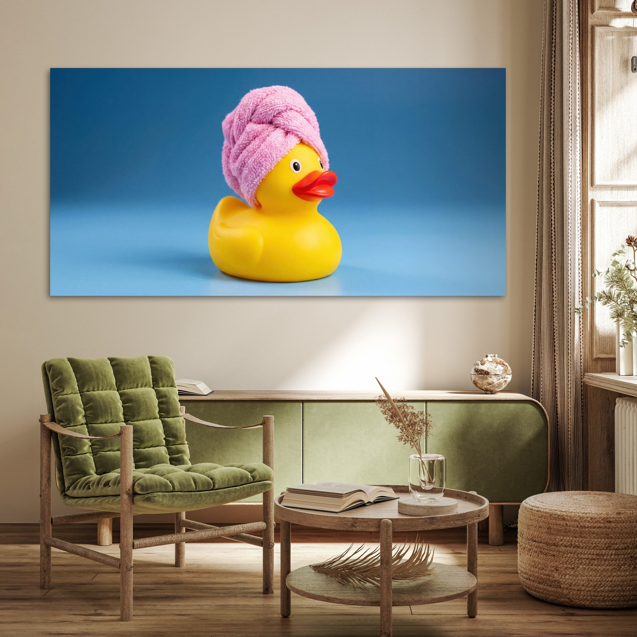 MuchoWow Poster Gummi-Ente - Handtuch - Blau, (1 St), Bild für Wohnzimmer, Wandposter ohne Rahmen, Wanddeko, 150x75 cm