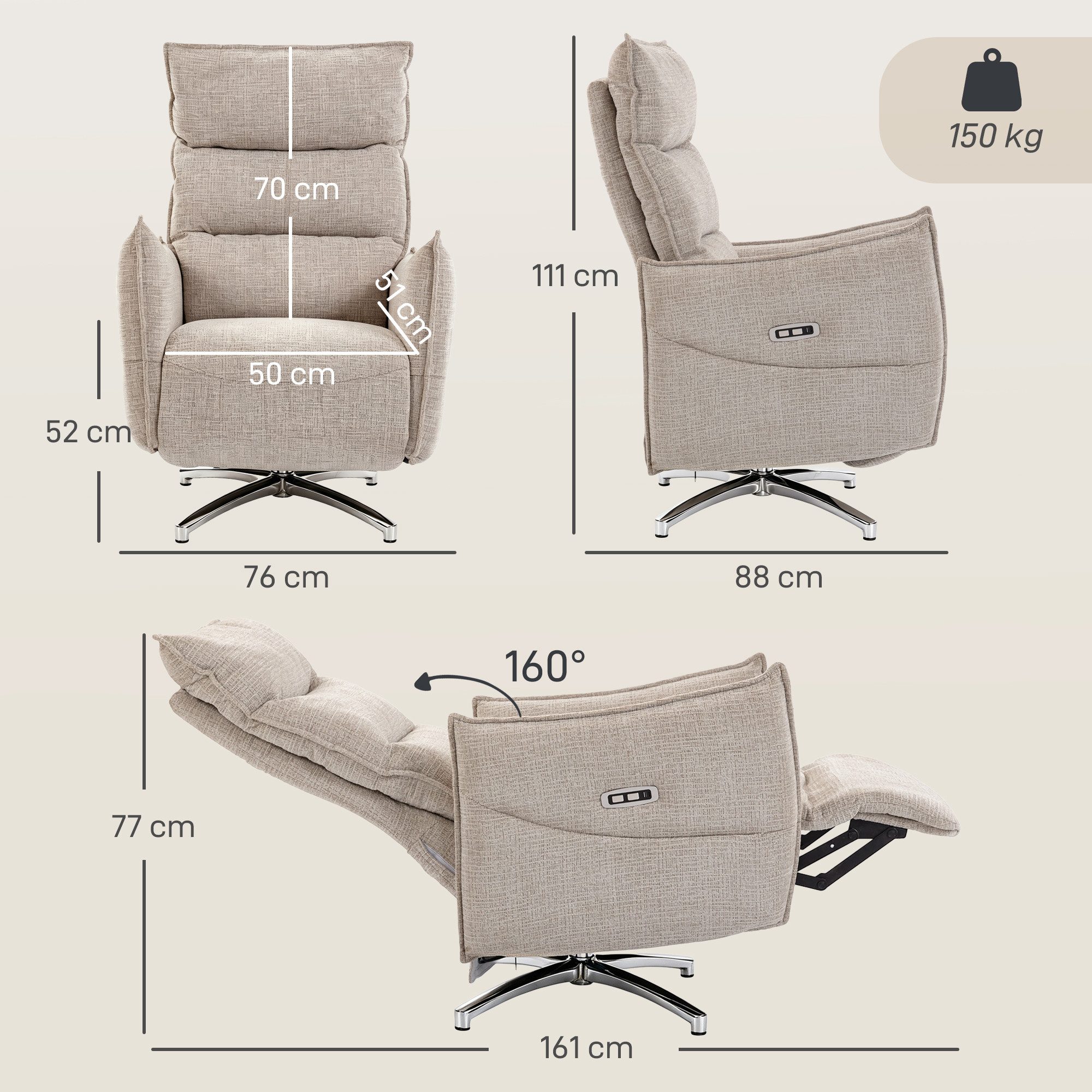 HOMCOM Relaxsessel TV Sessel Fußstütze (Set, 1-St., 1), Elektrische Verstellung und USB-Ladeanschluss