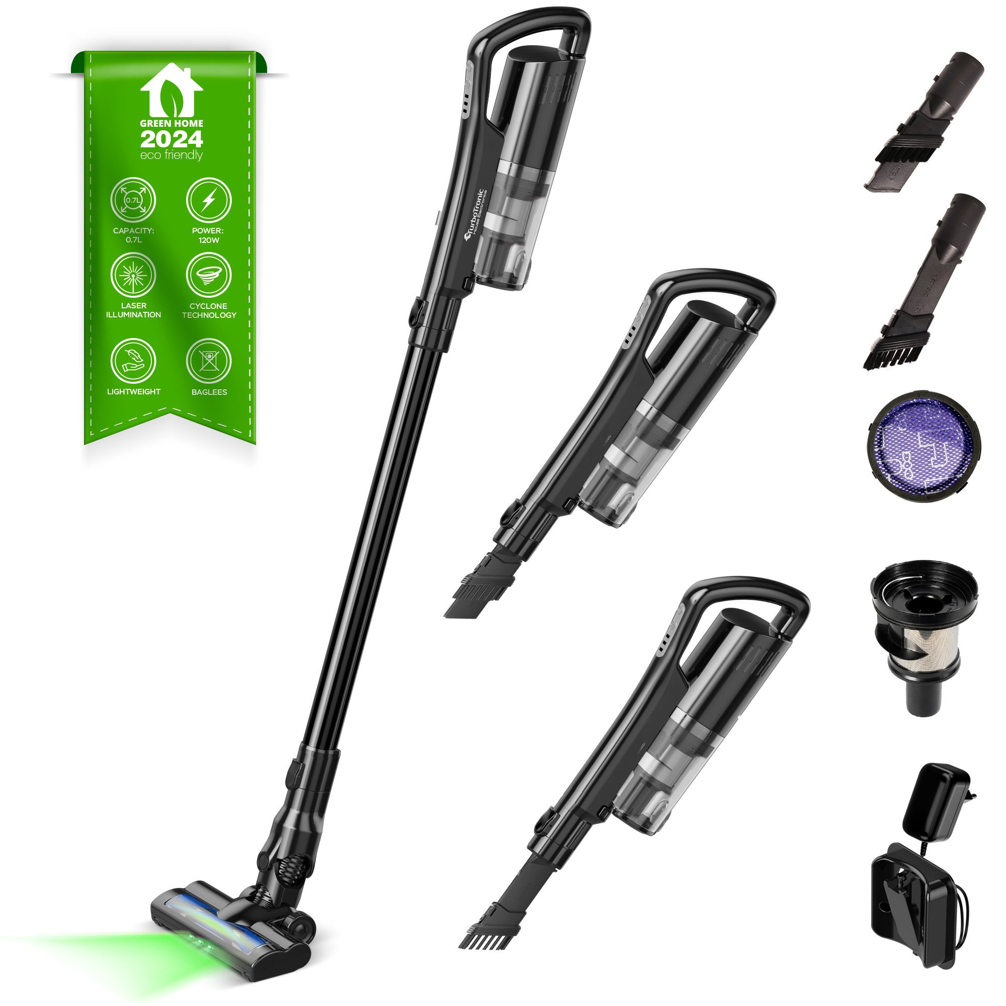 TurboTronic by Z-Line Akku-Hand-und Stielstaubsauger 120 Watt TurboTronic 11 kpA mit Laser Kabellos Staubsauger, 120 W, beutellos, 2-in-1 Akku-Staubsauger, faltbares Saugrohr, Laser-Technologie