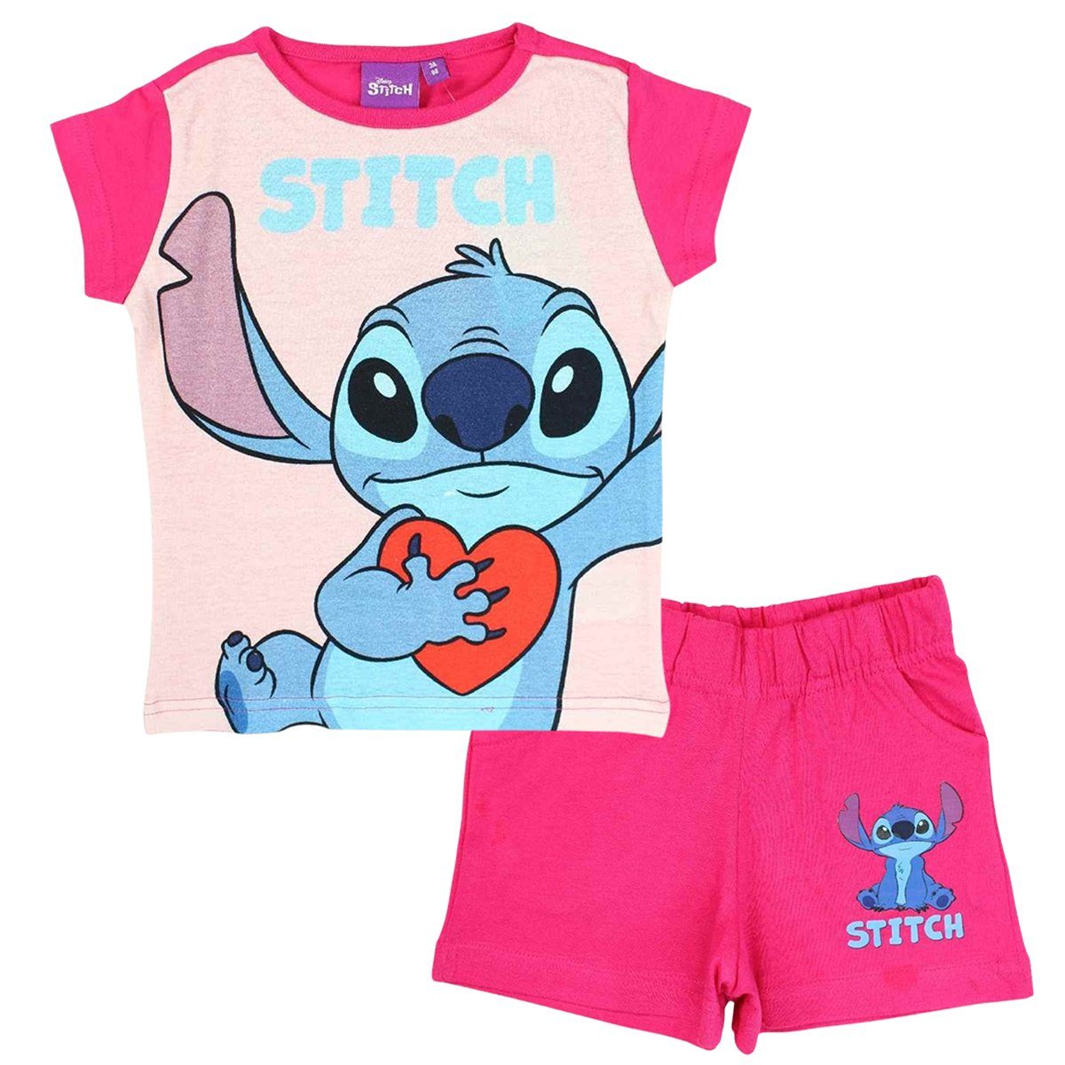 Gr. Kurze Stitch - & Hose 128 Set T-Shirt & tlg) (2 Lilo Shorty Mädchen 98 cm Pink