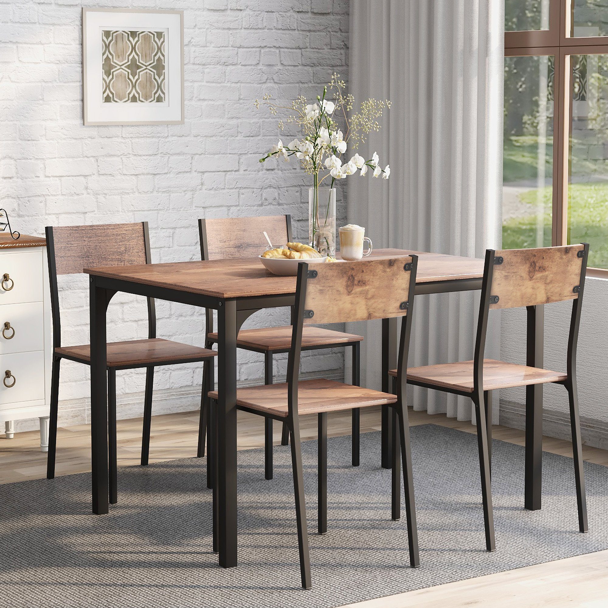 Ulife Essgruppe Esstisch mit 4 Stühlen, Braun, mit schwarzen Metallbeinen, (Set, 5-tlg., Tisch mit 4 Stühlen) | Essgruppen