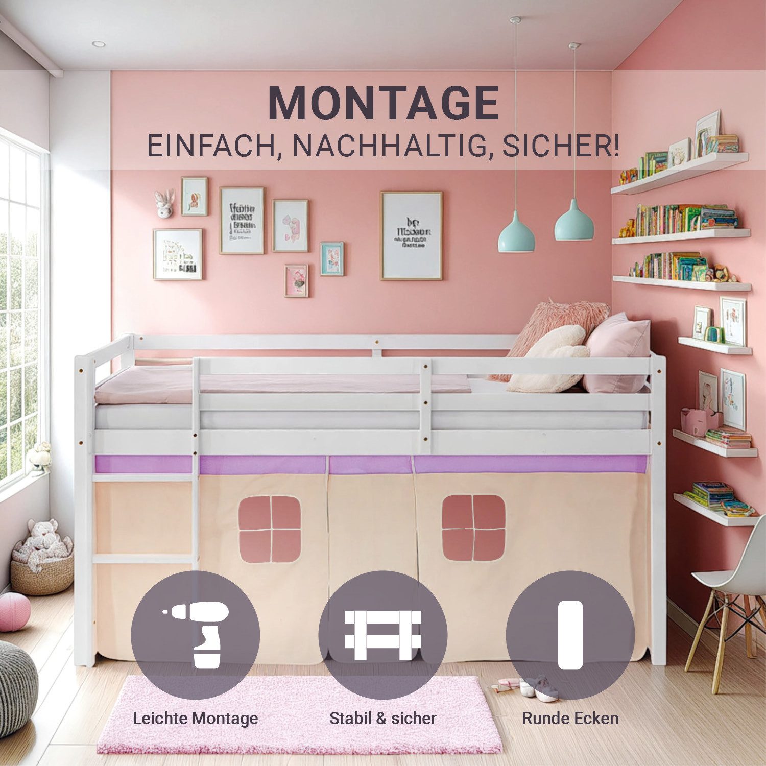 Homestyle4u Hochbett 90x200 Stockbett Kinderbett Holz Kiefer Weiß Lila Beig günstig online kaufen