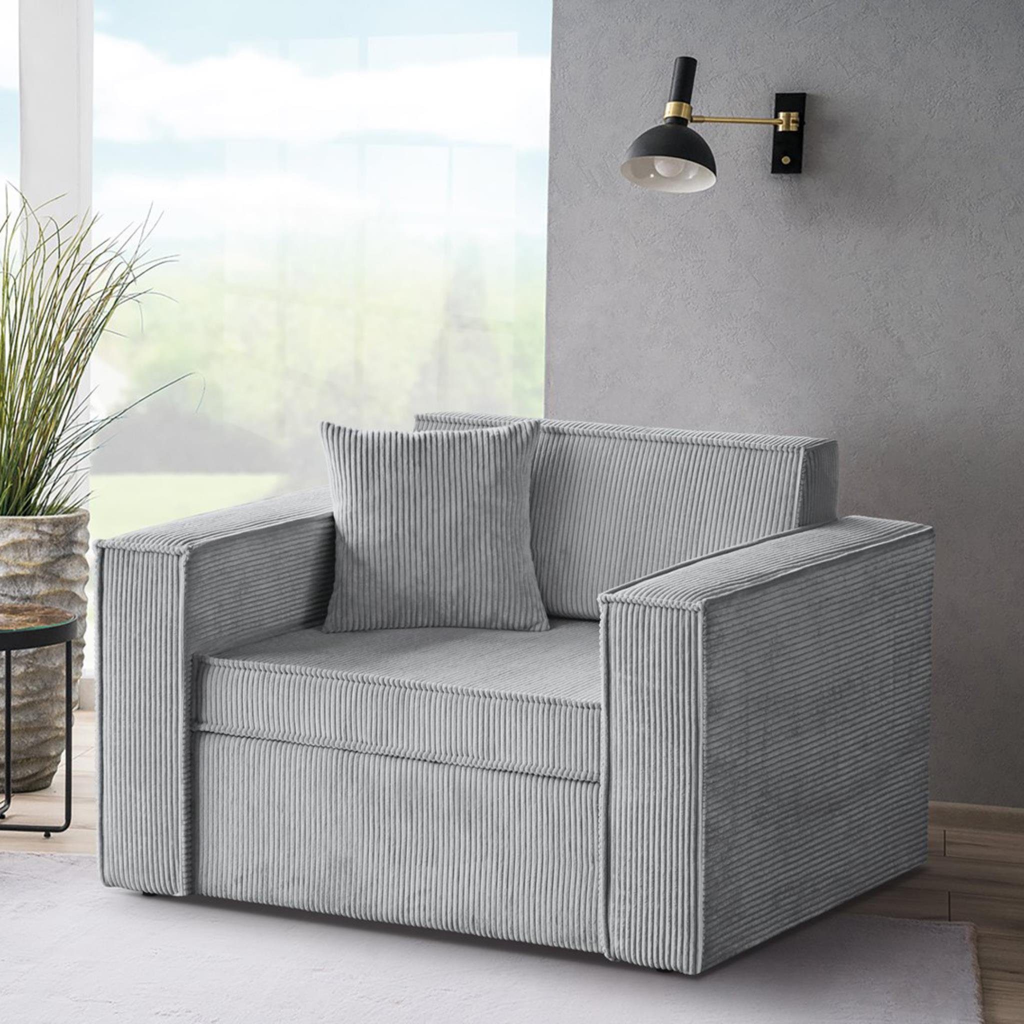 Beautysofa Schlafsofa Dave, mit Relaxfunktion, Bettkasten, modernes Einzelsofa aus Cordstoff, 117 cm Relaxsofa für Wohnzimmer Hellgrau (poso 55)